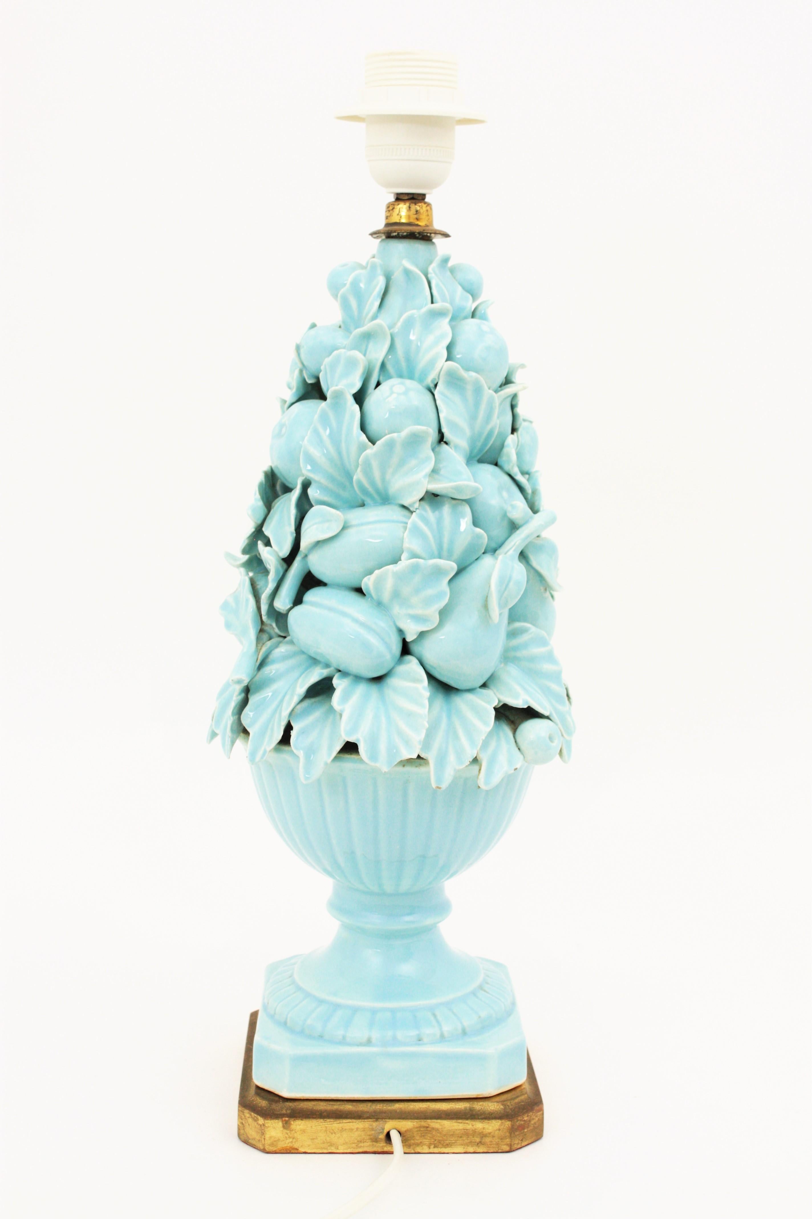 Spanish 1960s Majolica Blue Glazed Manises Ceramic Fruit Table Lamp 1