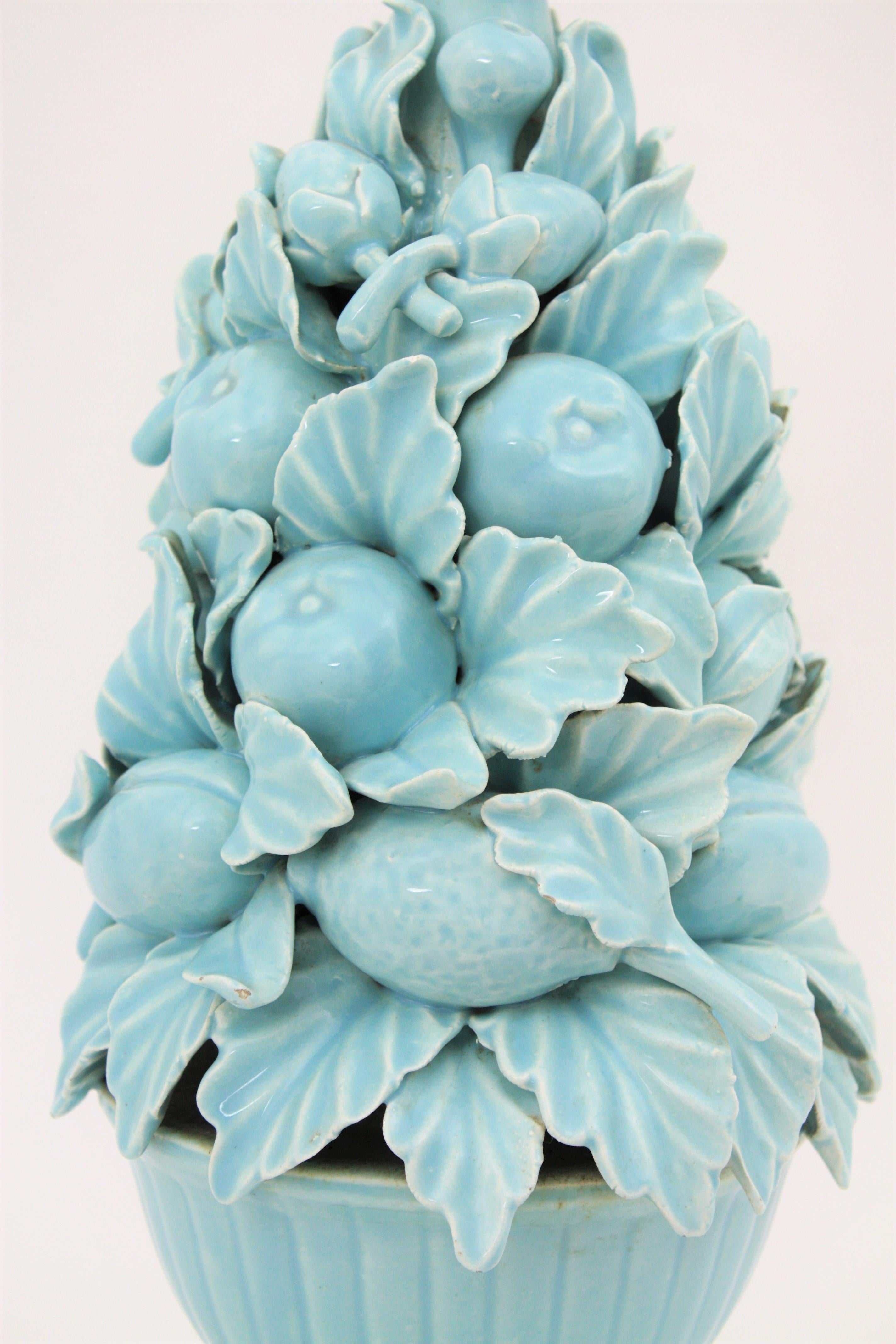 Spanish 1960s Majolica Blue Glazed Manises Ceramic Fruit Table Lamp 2