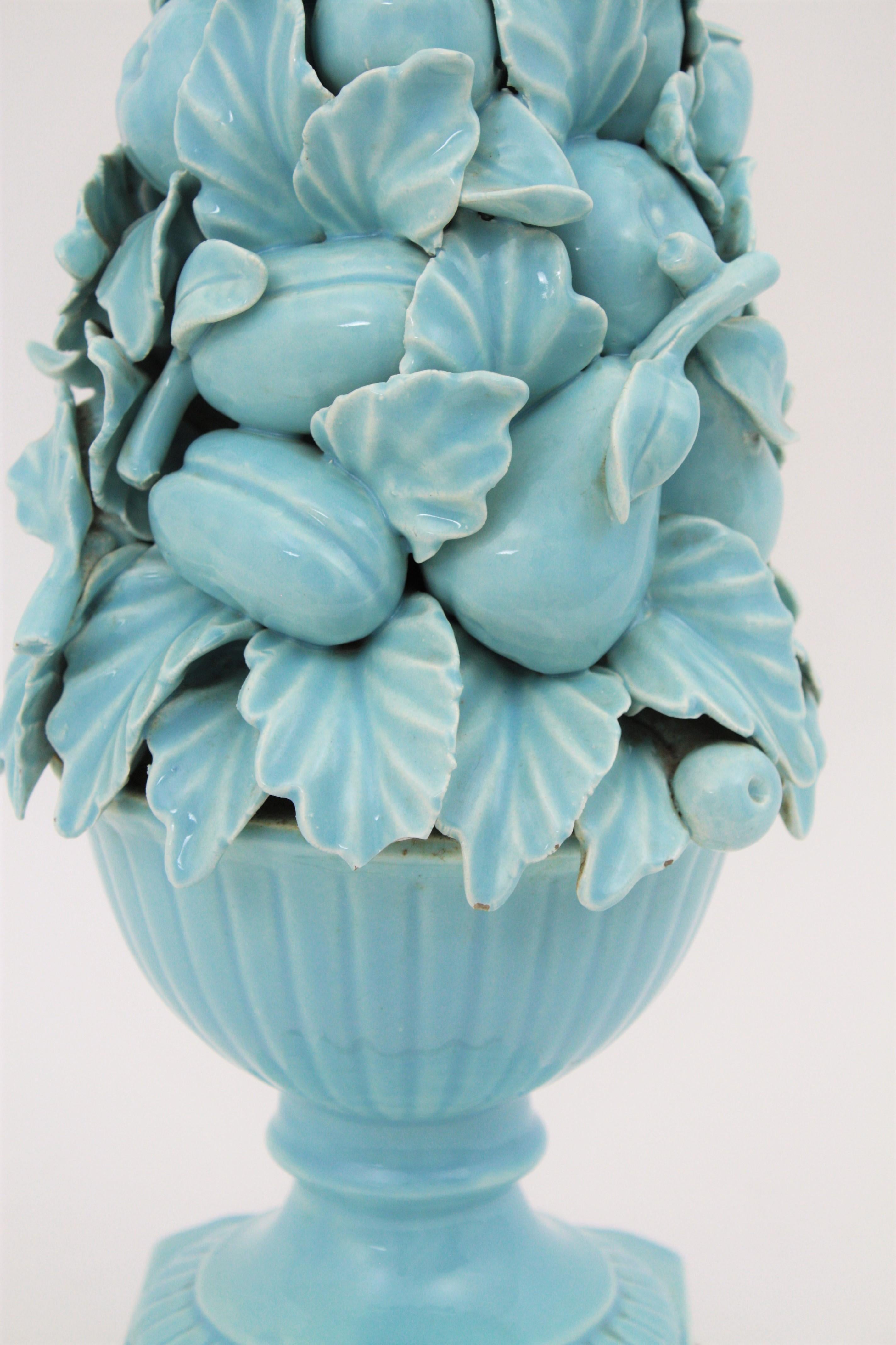 Spanish 1960s Majolica Blue Glazed Manises Ceramic Fruit Table Lamp 3