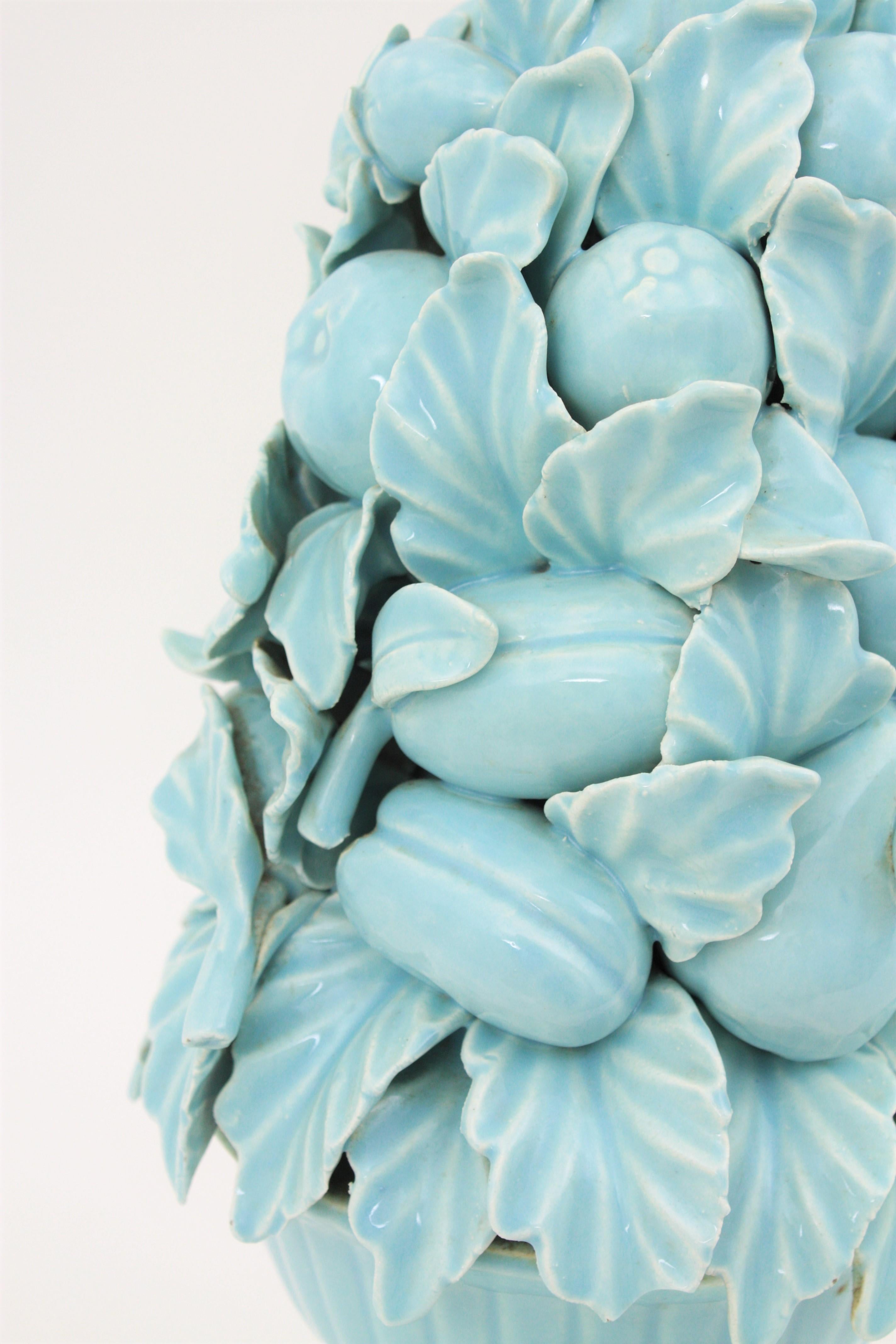 Spanish 1960s Majolica Blue Glazed Manises Ceramic Fruit Table Lamp 4