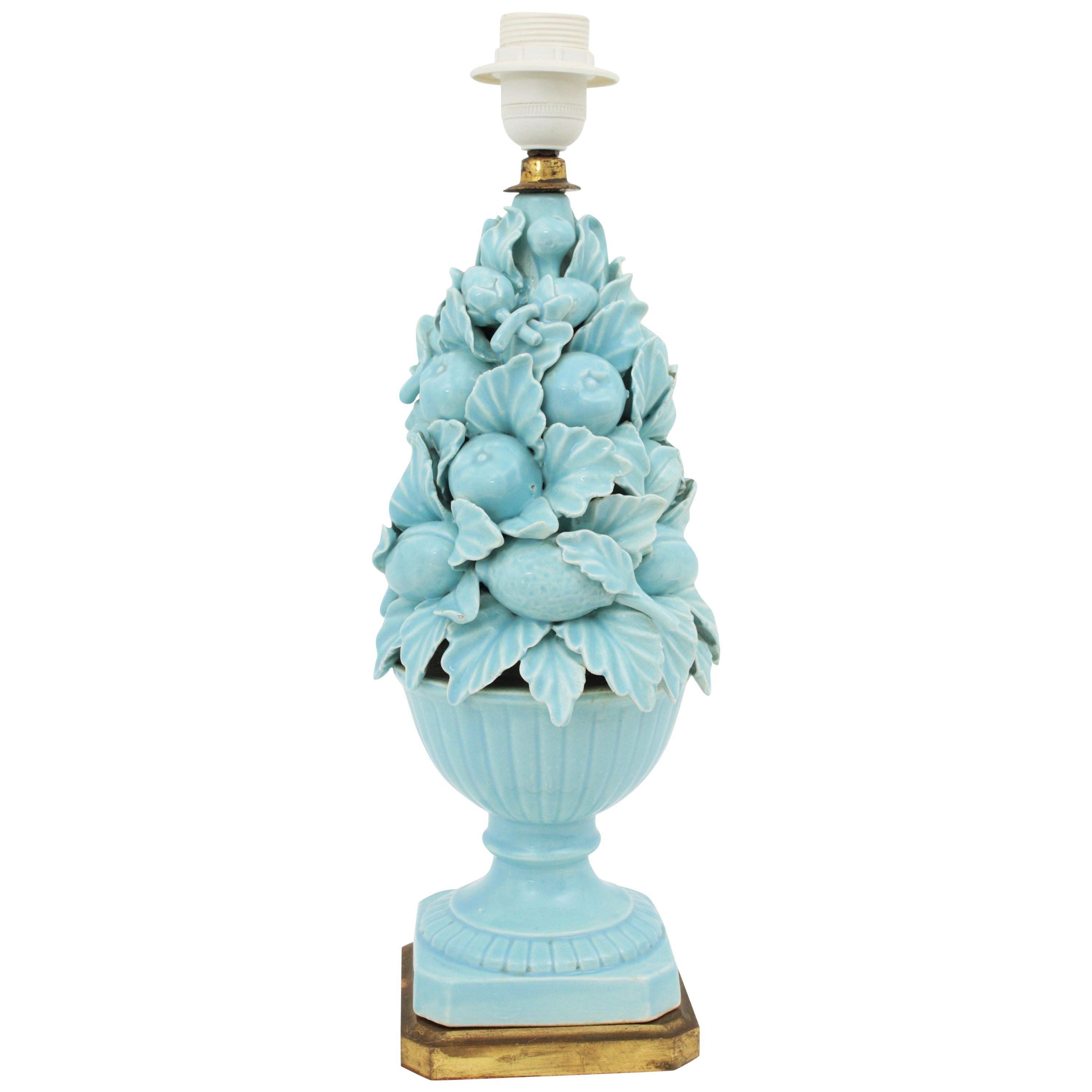 Spanish 1960s Majolica Blue Glazed Manises Ceramic Fruit Table Lamp