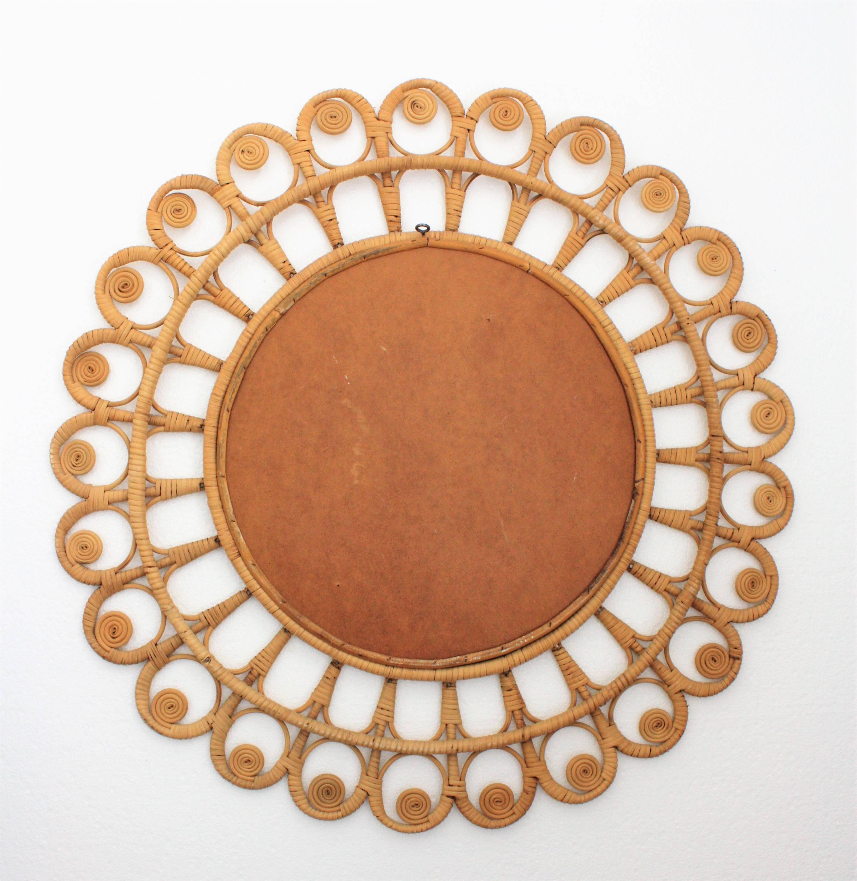 Spanish 1960s Mediterranean Boho Style Filigree Wicker & Rattan Circular Mirror 2