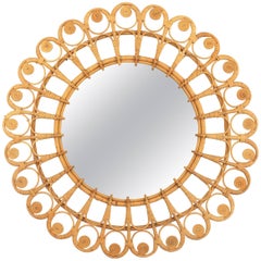 Spanish 1960s Mediterranean Boho Style Filigree Wicker & Rattan Circular Mirror