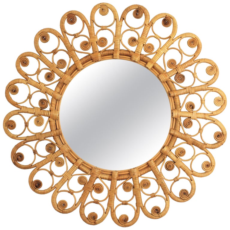 Spanish Mediterranean Boho Style Wicker And Rattan Filigree Round Mirror For At 1stdibs Wicker And Rattan Filigree Round Mirror, Mirror In A Sentence Spanish