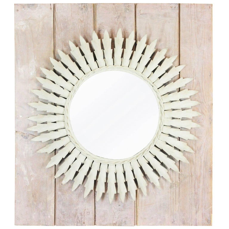 Spanish 1960s Mediterranean White Patinated Iron Sunburst Mirror Wall Decoration
