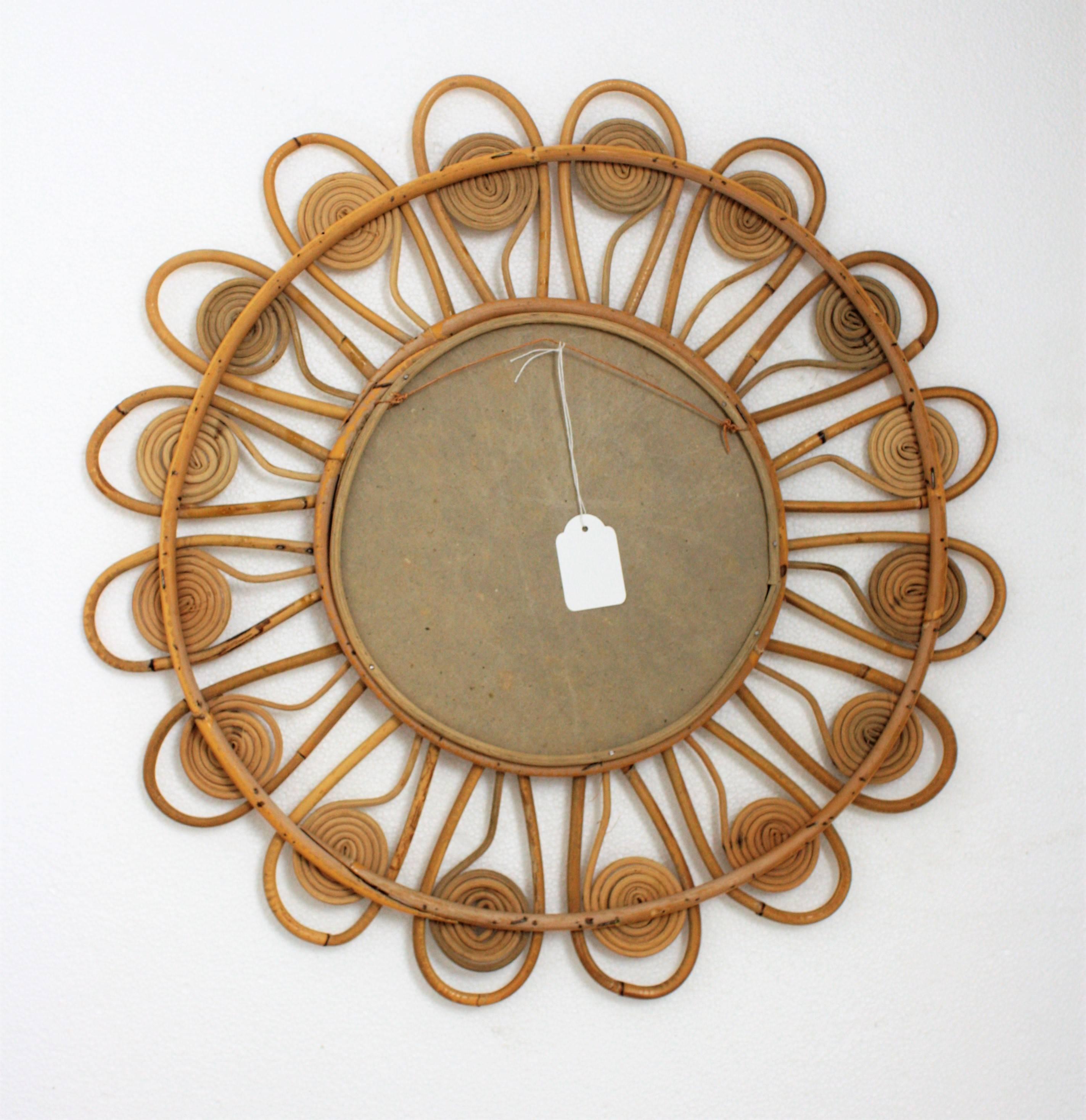 Spanish 1960s Mediterranean Wicker and Bamboo Filigree Flower Burst Mirror 4