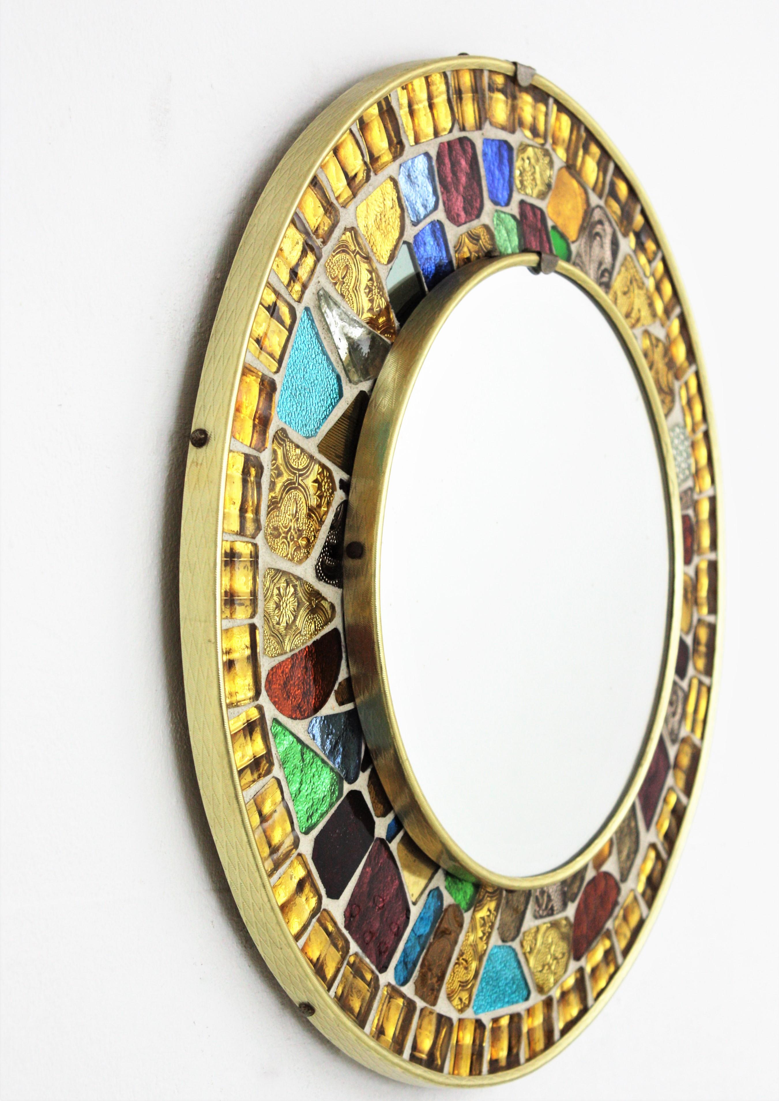 Brass Midcentury Round Mirror with Muti Color Glass Mosaic Frame, 1960s For Sale