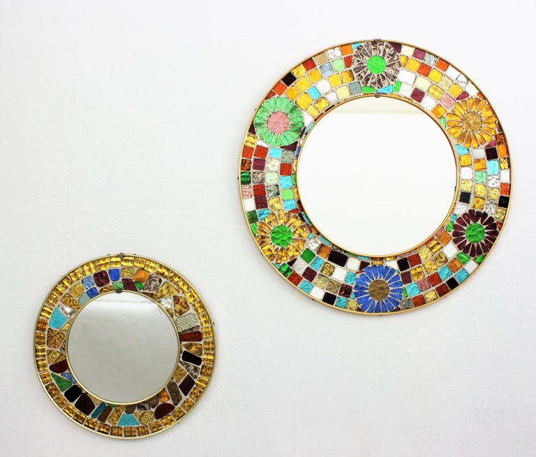 Round Wall Mirror with Multicolor Golden Glass Mosaic Frame, 1960s For