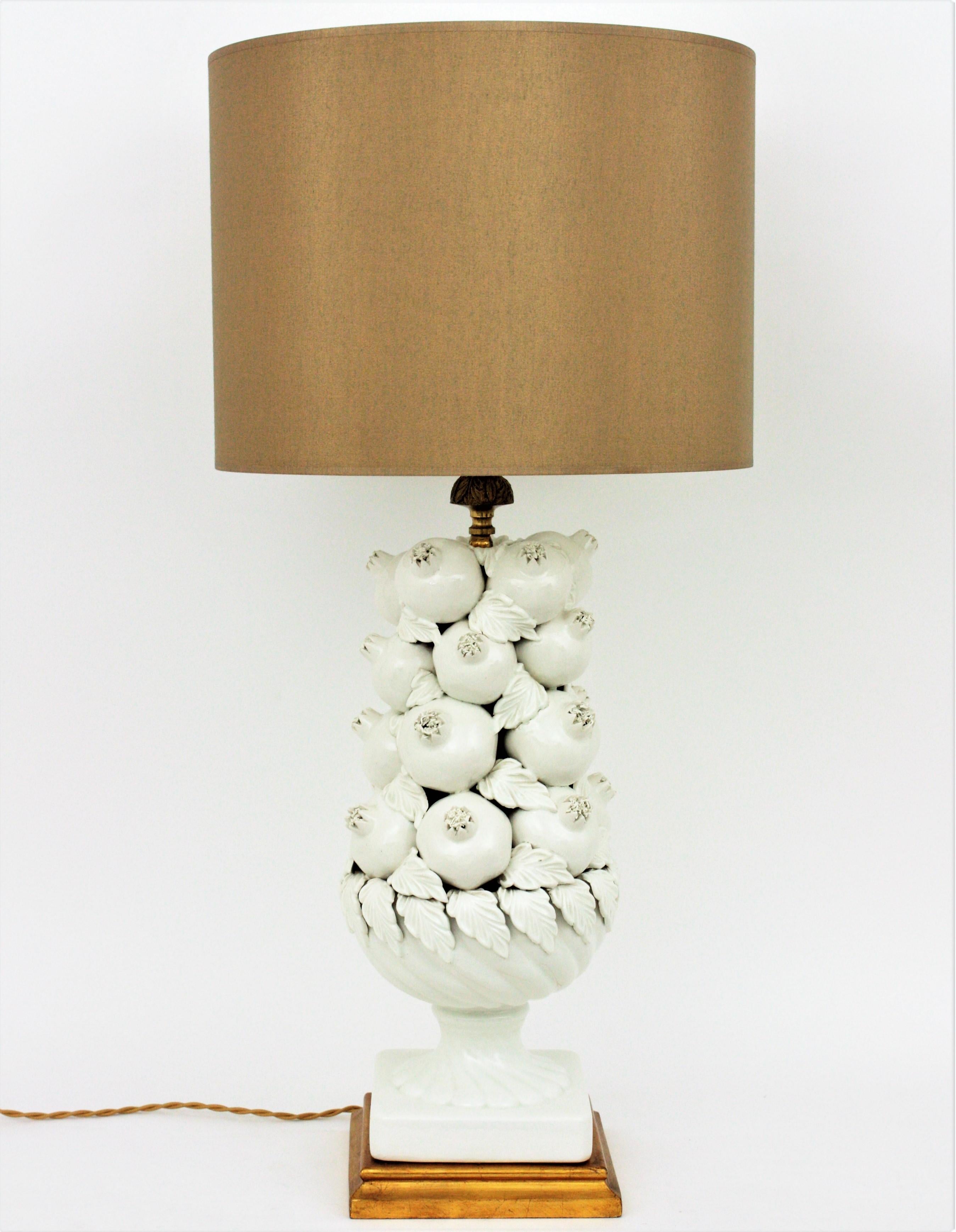 Majolica White Glazed Ceramic Large Table Lamp with Pomegranates Motifs 4