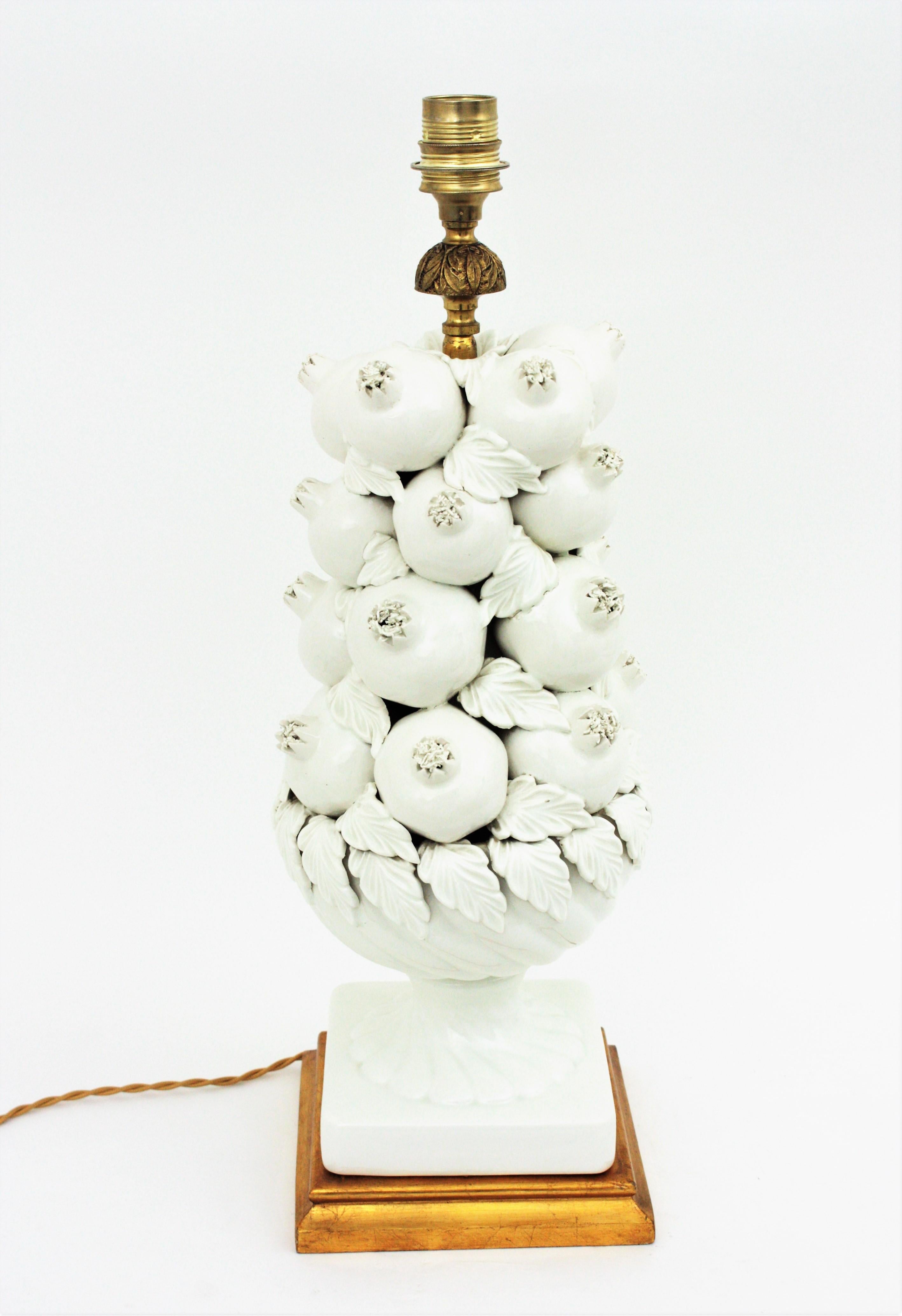 Majolica White Glazed Ceramic Large Table Lamp with Pomegranates Motifs 5