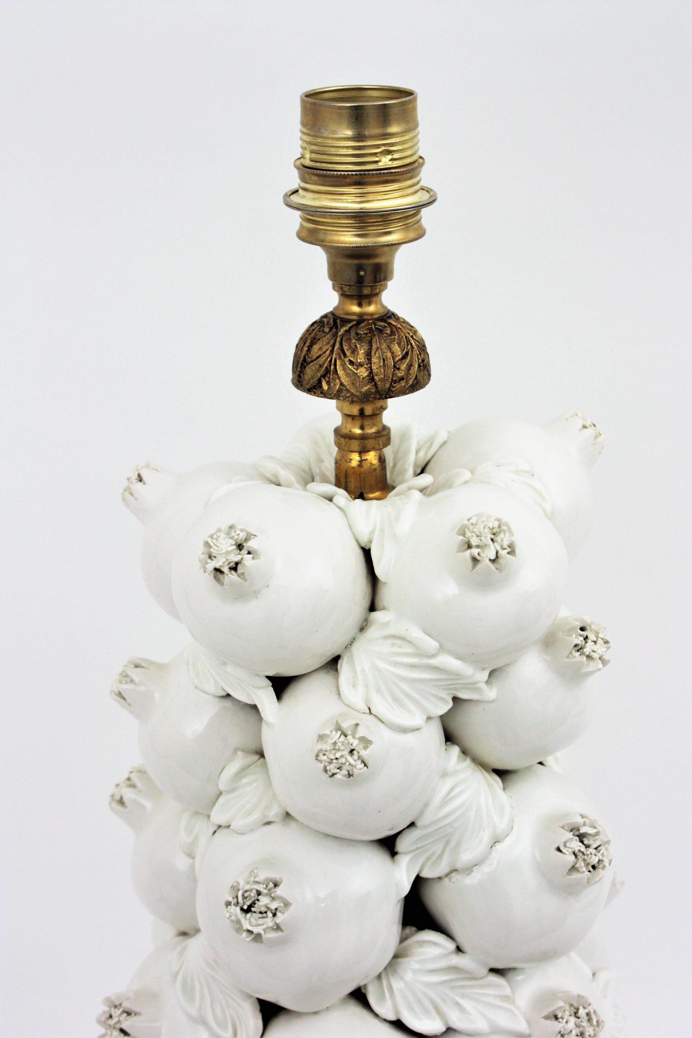 Majolica White Glazed Ceramic Large Table Lamp with Pomegranates Motifs 6