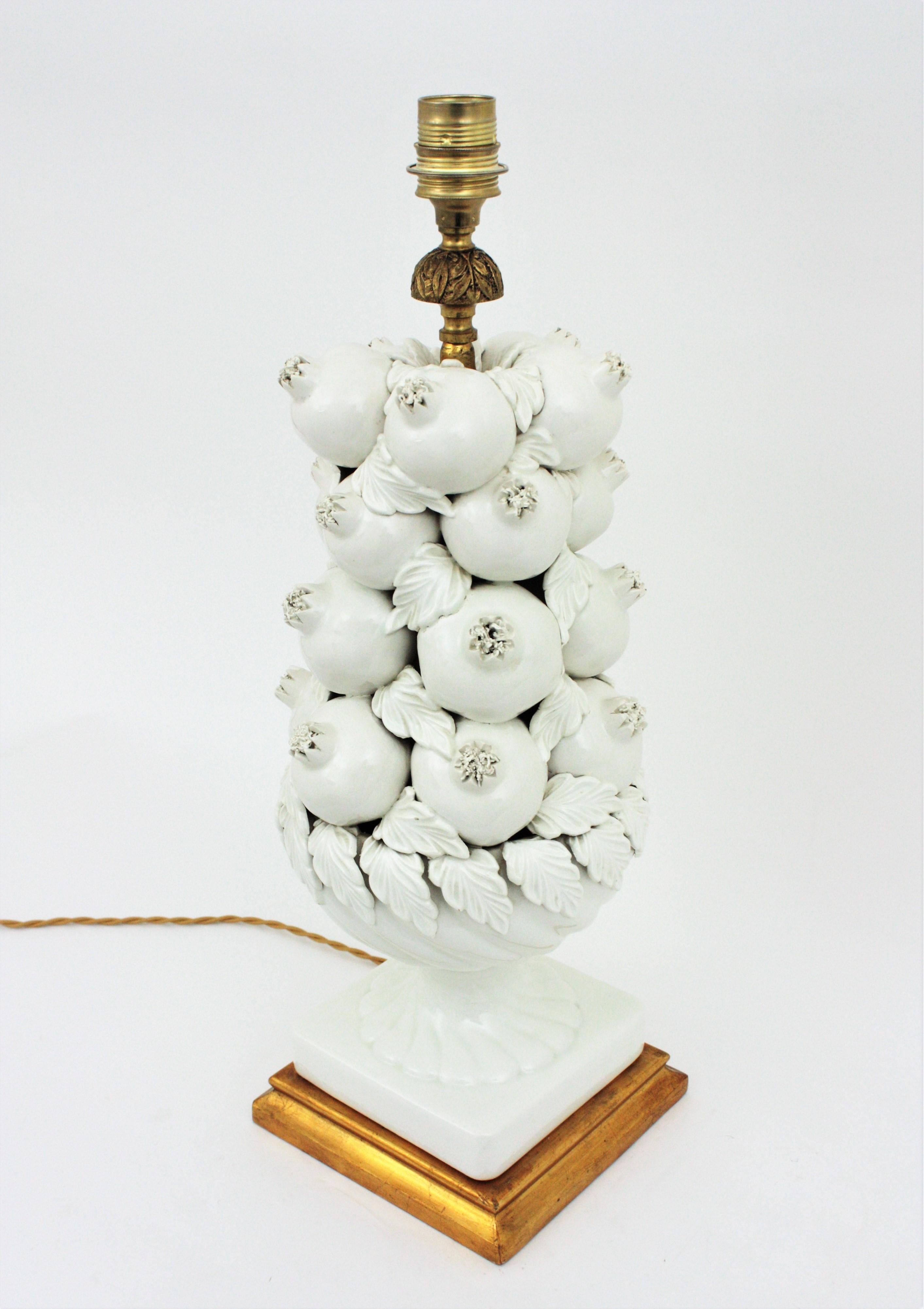 Majolica White Glazed Ceramic Large Table Lamp with Pomegranates Motifs 7