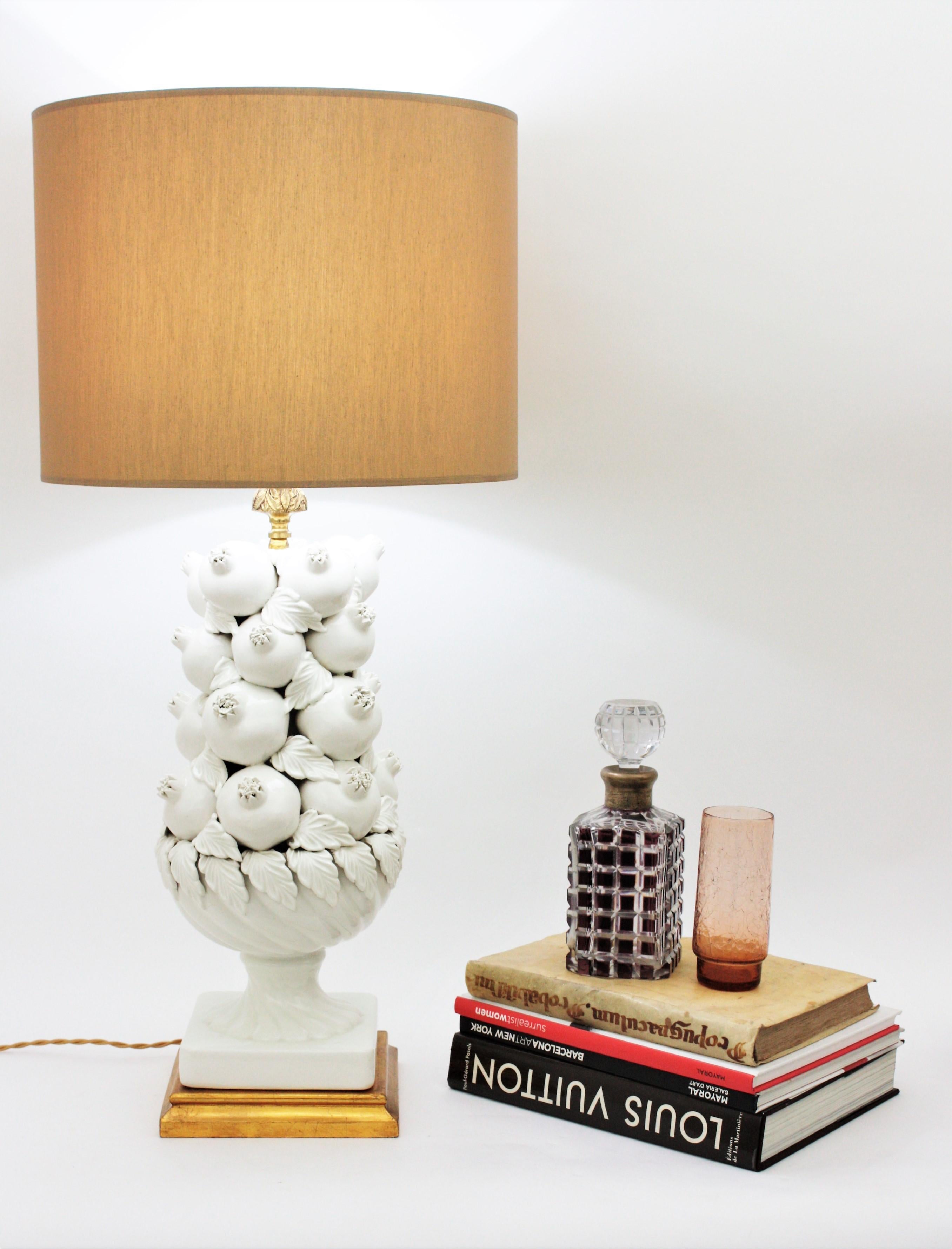 Majolica White Glazed Ceramic Large Table Lamp with Pomegranates Motifs 9