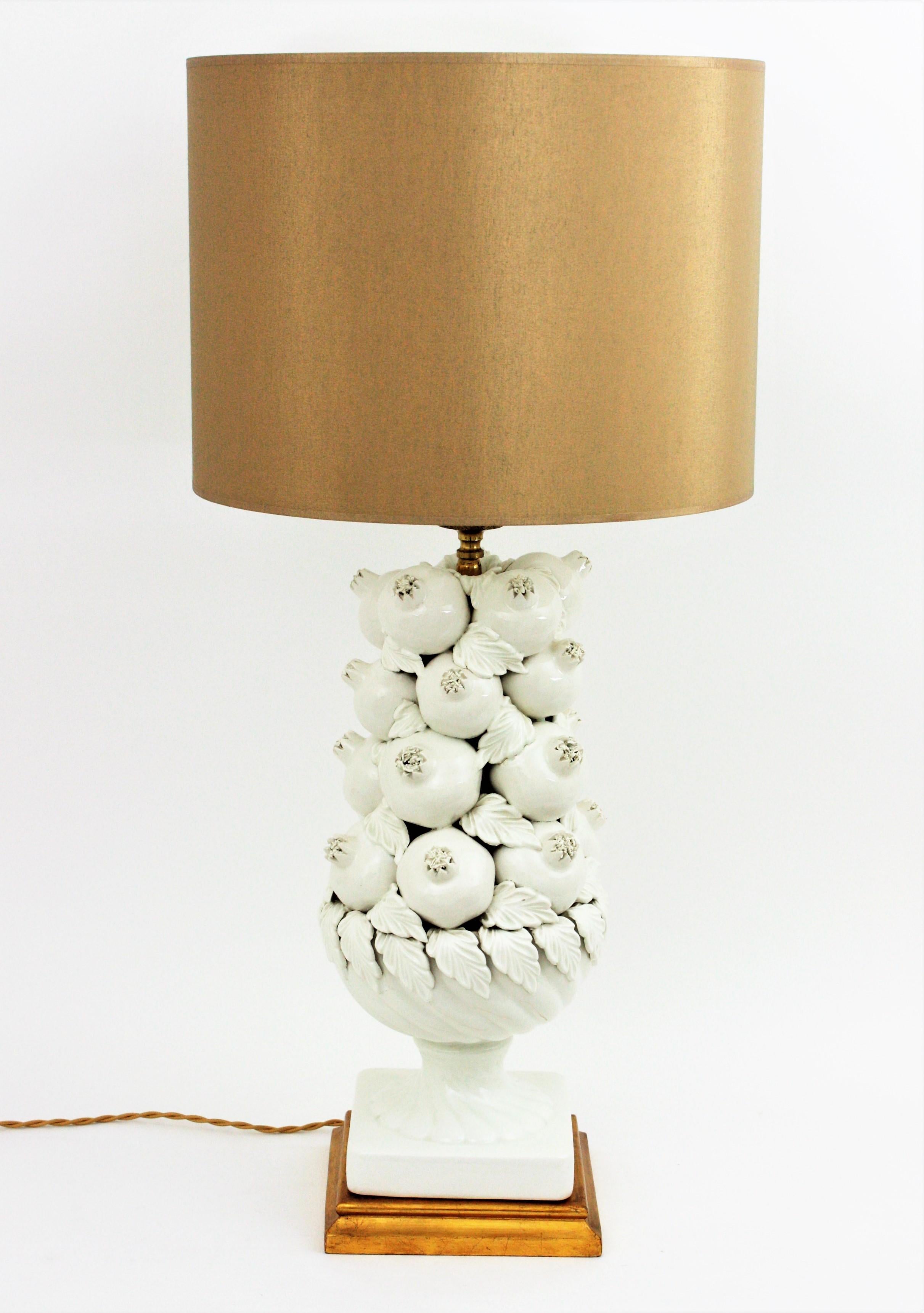 Spanish Majolica White Glazed Ceramic Large Table Lamp with Pomegranates Motifs