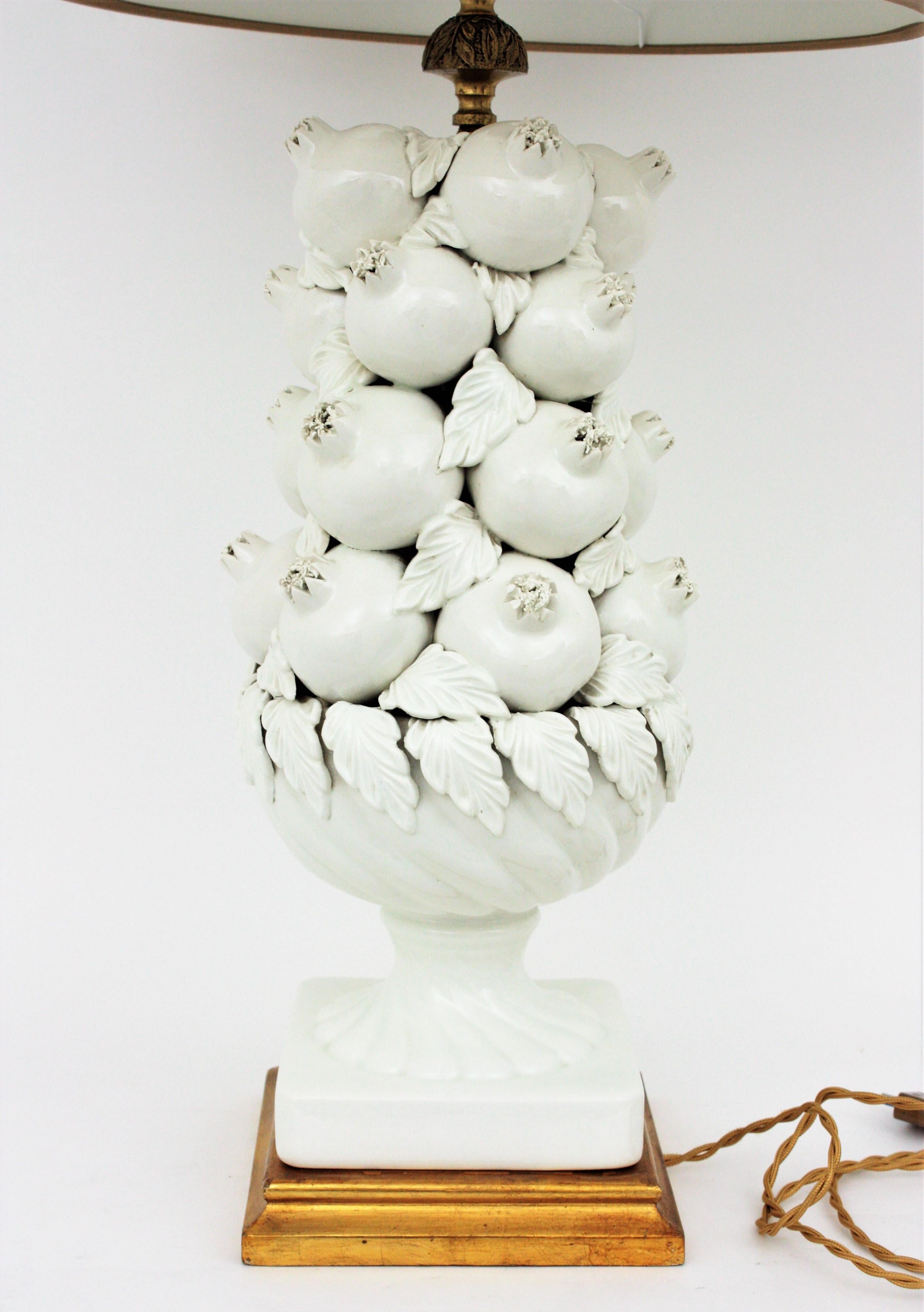 Majolica White Glazed Ceramic Large Table Lamp with Pomegranates Motifs 2