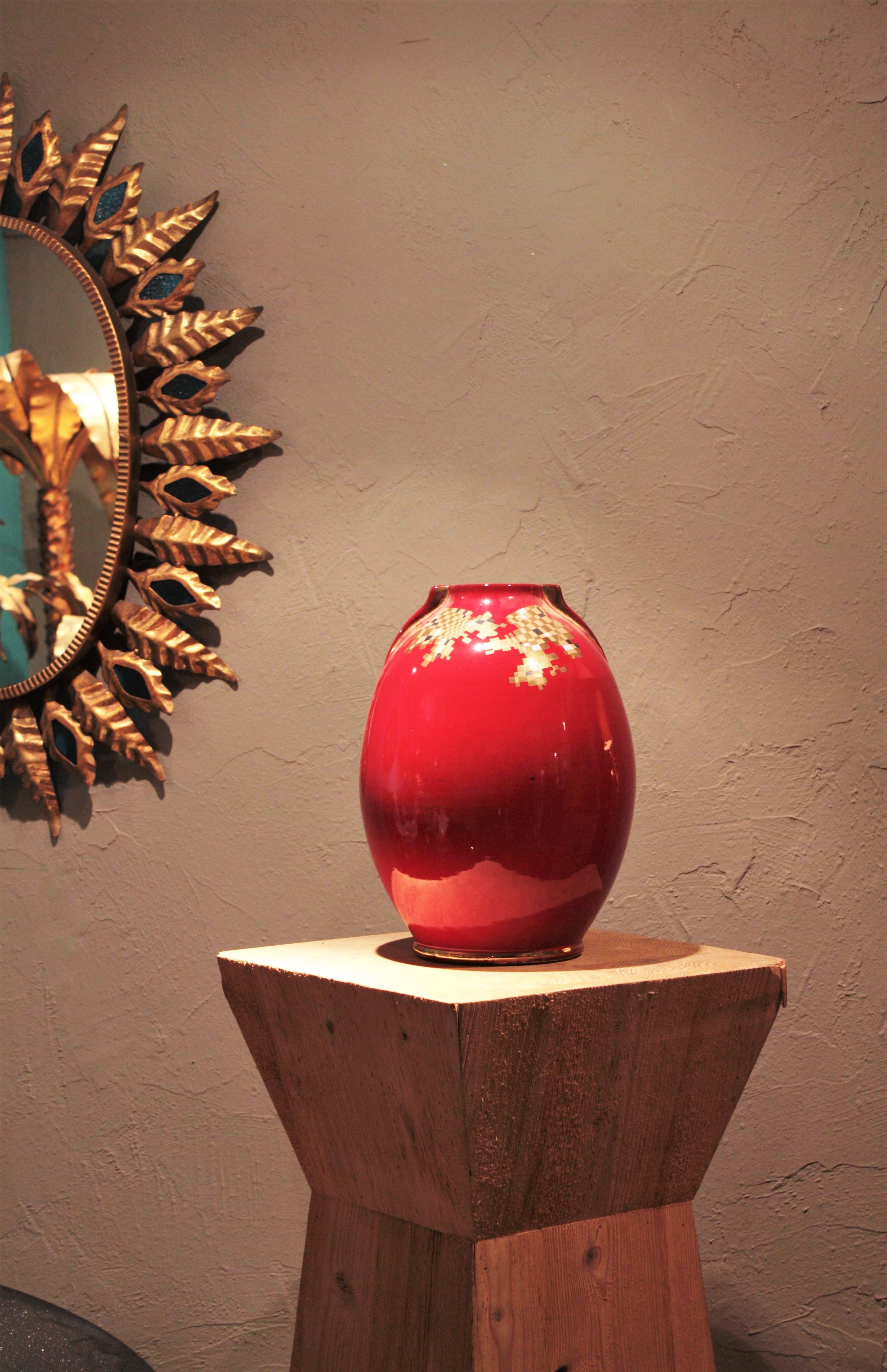 Mid-Century Modern Red Gold Ceramic Vase, 1960s