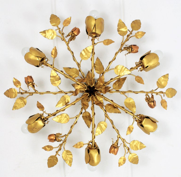 Spanish 1960s Six Lights Gilt Iron Rosebush Floral Ceiling Light