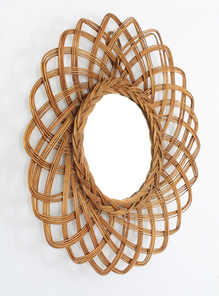 Spanish 1960s Wicker Rattan Flower Shaped Sunburst Mirror For Sale at