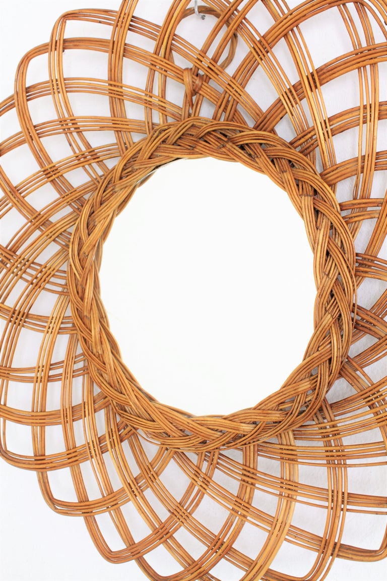 Spanish 1960s Wicker Rattan Flower Shaped Sunburst Mirror For Sale at