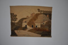 Spanish 1970s Folk Art Wool Tapestry – English Thatched Cottage Landscape