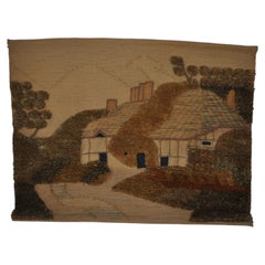 Spanish 1970s Folk Art Wool Tapestry – English Thatched Cottage Landscape