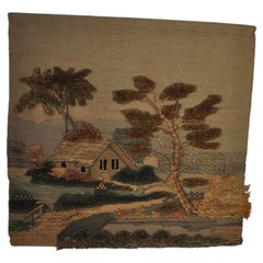 Spanish 1970s Folk Art Wool Tapestry – Thatched English Cottage & Tree Landscape