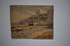 Spanish 1970s Folk Art Wool Tapestry – Tropical Cottage Landscape