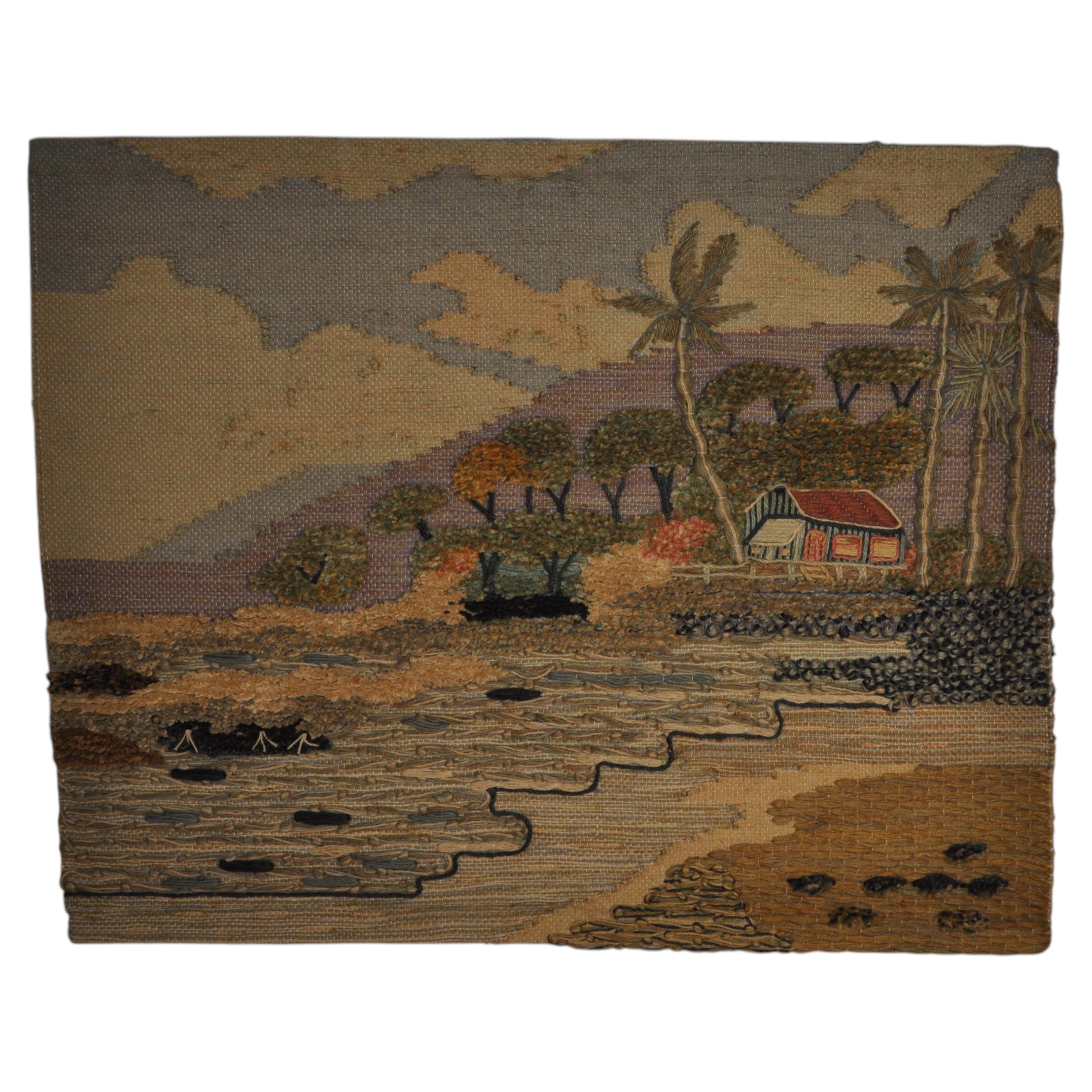 Arazzo in lana di arte popolare spagnola degli anni ’70 – Paesaggio tropicale con casetta di campagna