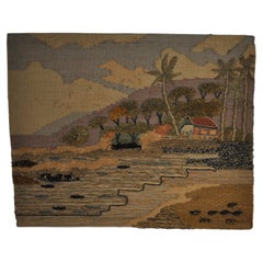 Spanish 1970s Folk Art Wool Tapestry – Tropical Cottage Landscape