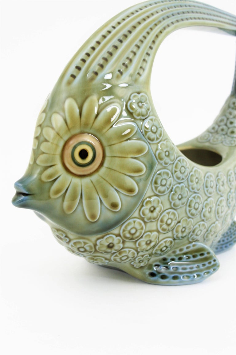 Spanish 1970s Lladró Green and Blue Porcelain Fish Figure Centrepiece / Planter at 1stDibs