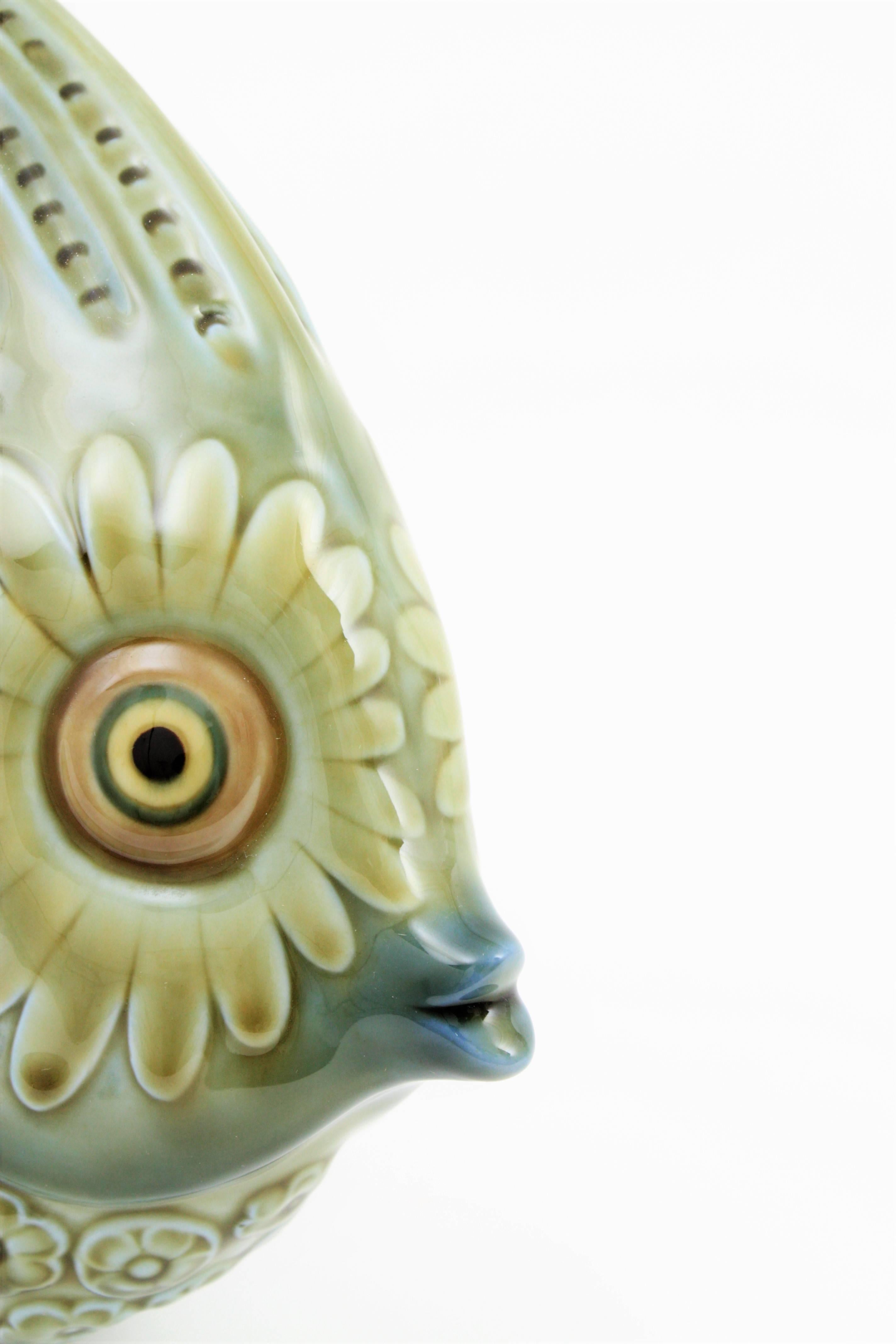 Glazed Spanish 1970s Lladró Green and Blue Porcelain Fish Figure Centrepiece / Planter