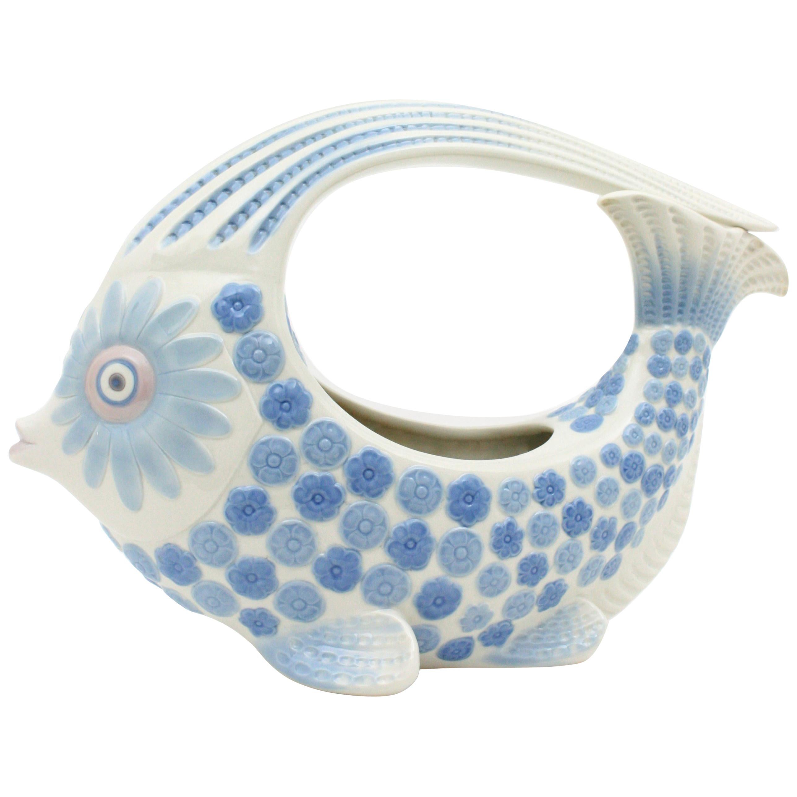 Lladró Porcelain Blue and White Fish Figure Vase / Centerpiece , Spain, 1970s