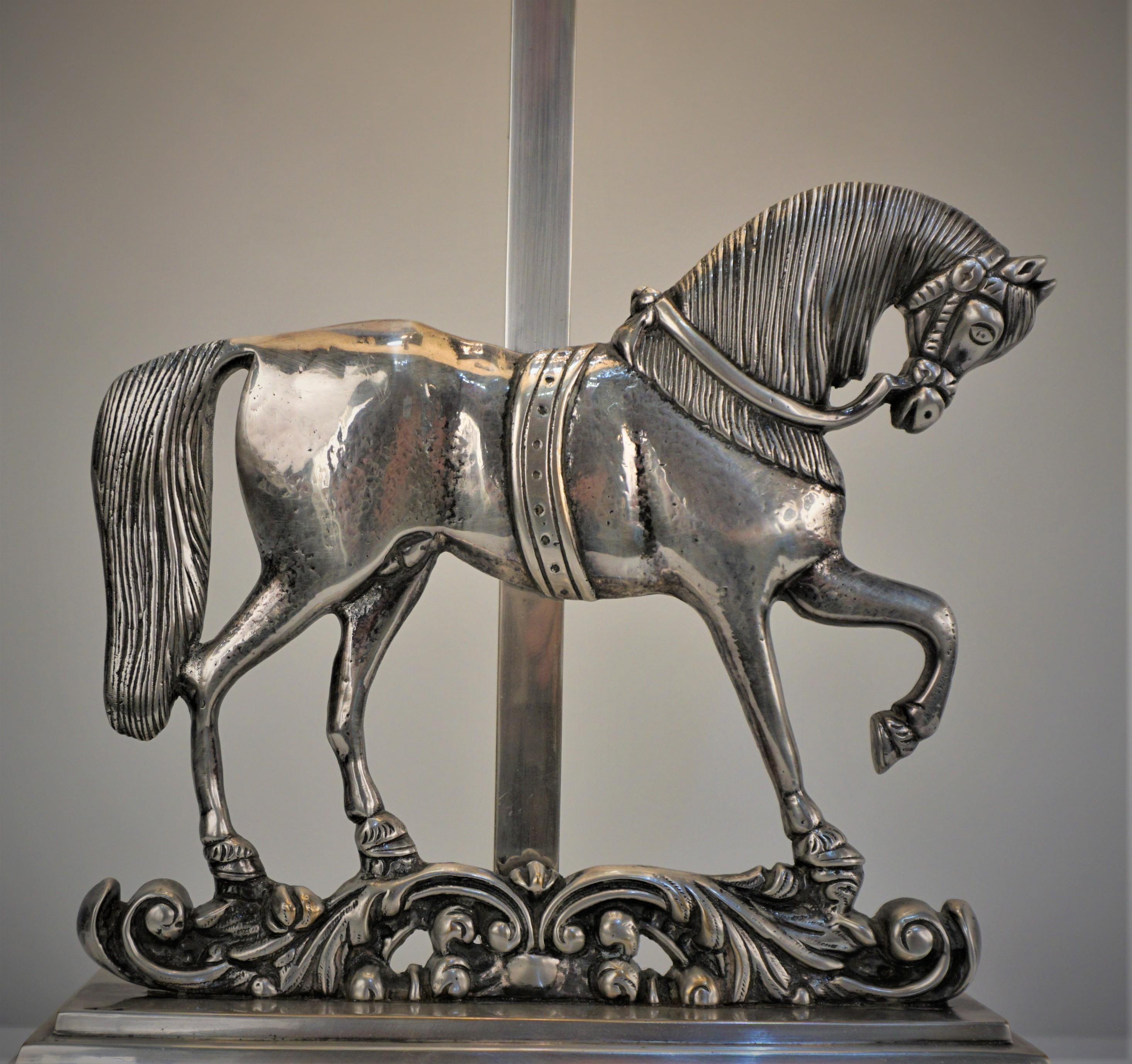 Plated Spanish 1970's Silver Horse Table Lamp For Sale