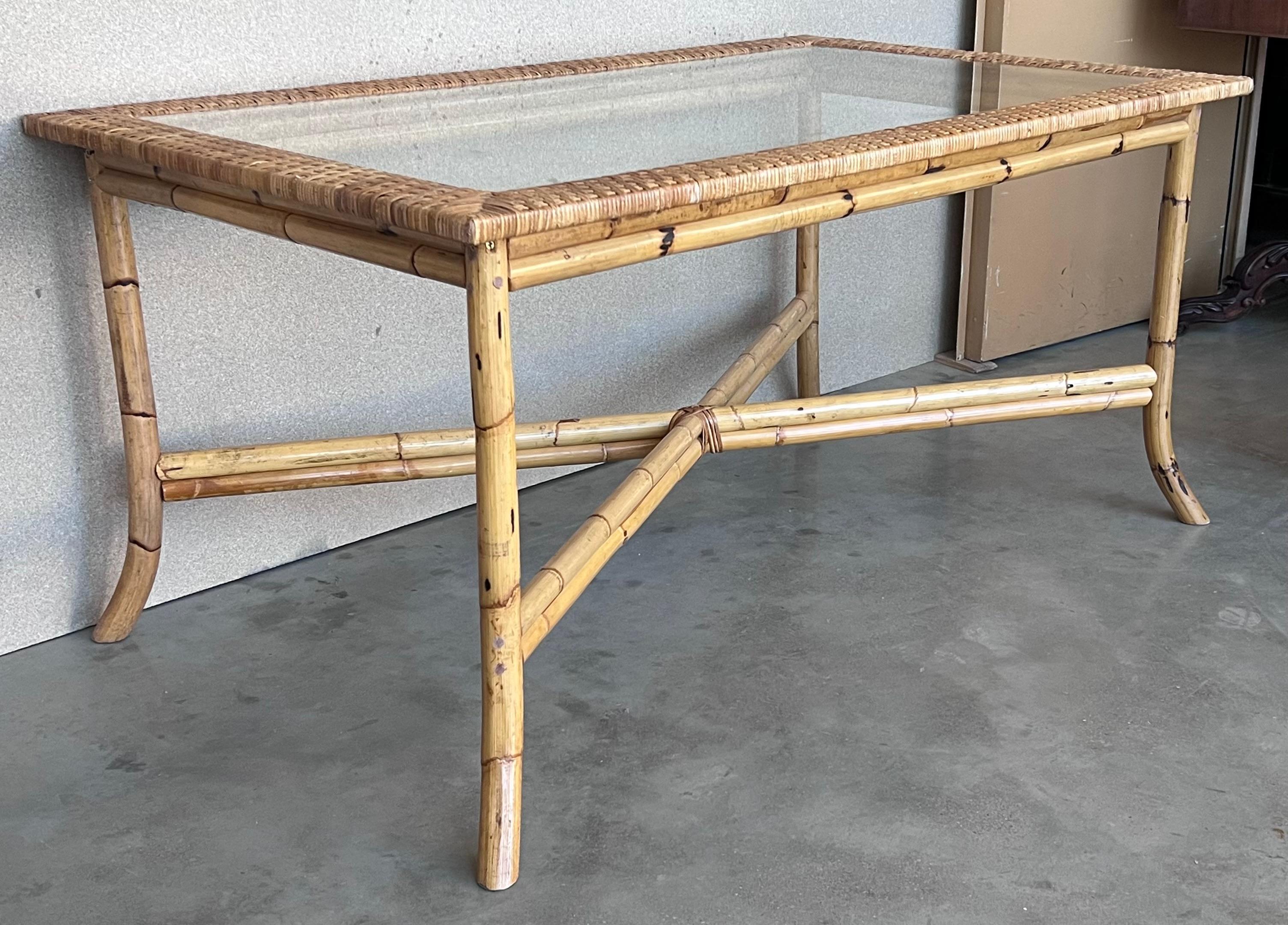 Spanish, 1980s Bamboo Glass Dining Table with Glass Tabletop In Good Condition For Sale In Miami, FL