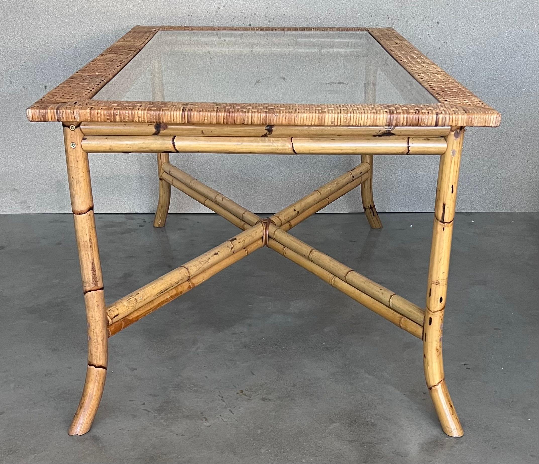 20th Century Spanish, 1980s Bamboo Glass Dining Table with Glass Tabletop For Sale