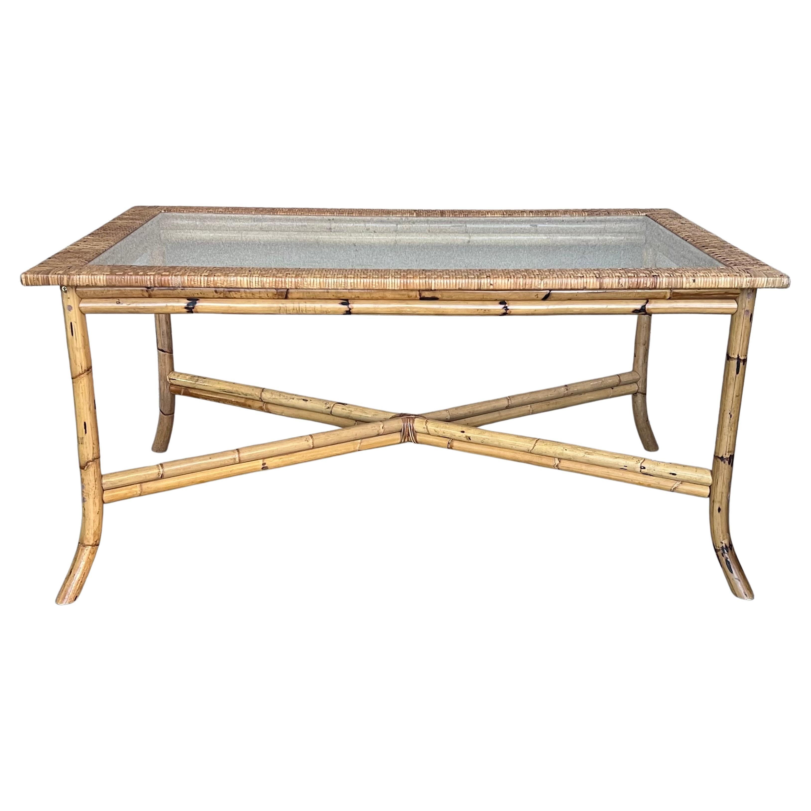 Spanish, 1980s Bamboo Glass Dining Table with Glass Tabletop For Sale