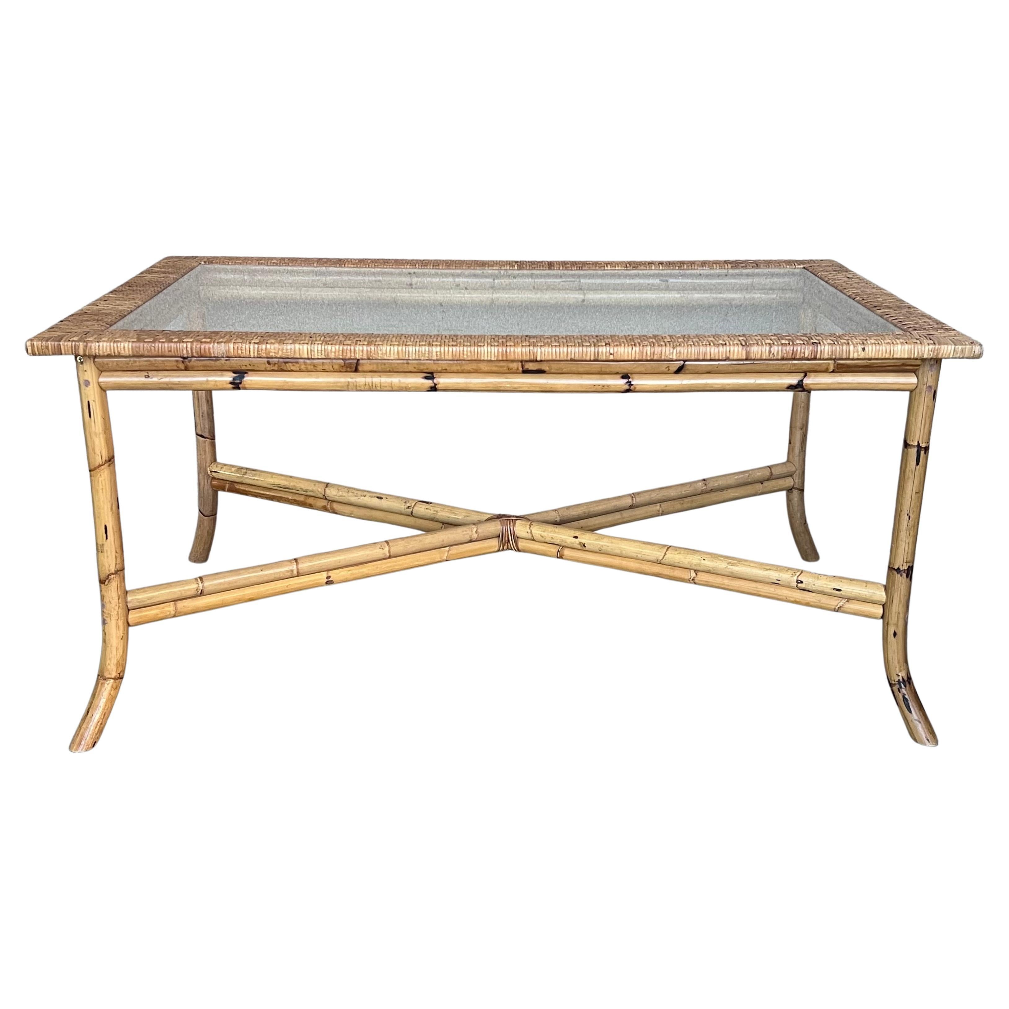 Spanish, 1980s Bamboo Glass Dining Table with Glass Tabletop