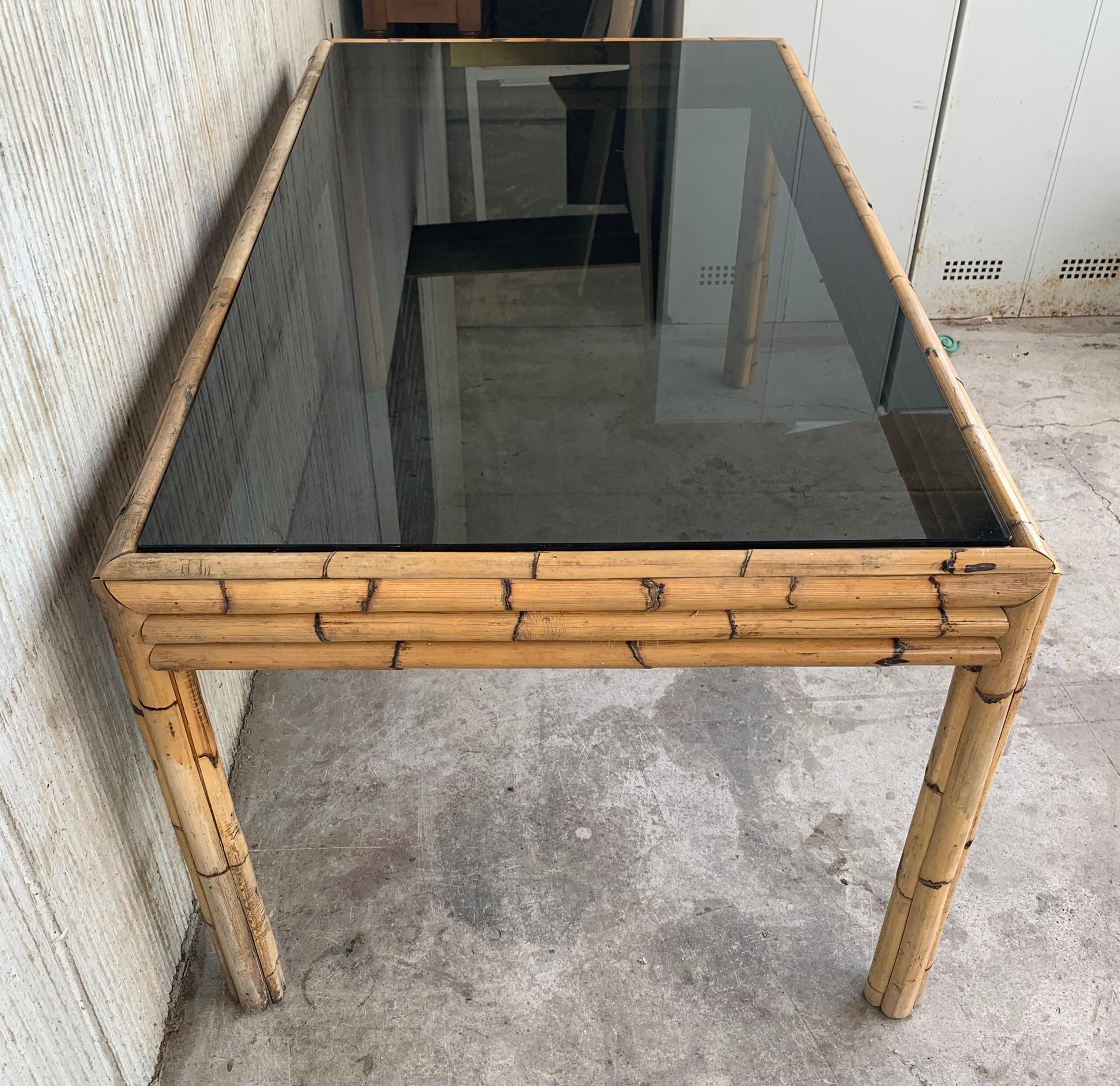 20th Century Spanish, 1980s Bamboo Glass Dining Table with Smoked Glass Tabletop For Sale