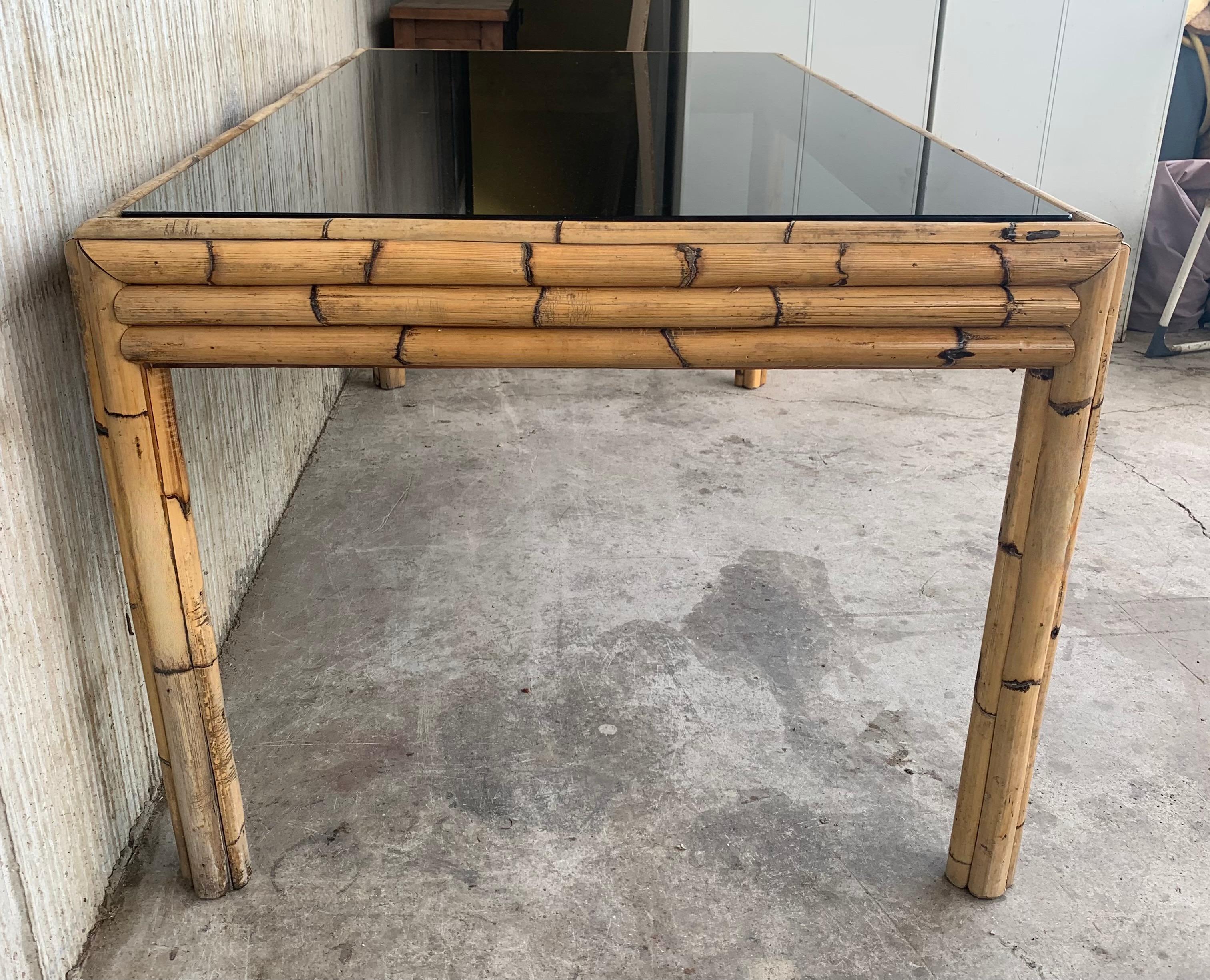 Spanish, 1980s Bamboo Glass Dining Table with Smoked Glass Tabletop For Sale 1