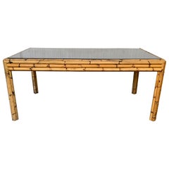 Table de salle à manger espagnole en verre de bambou des années 1980 avec plateau en verre fumé