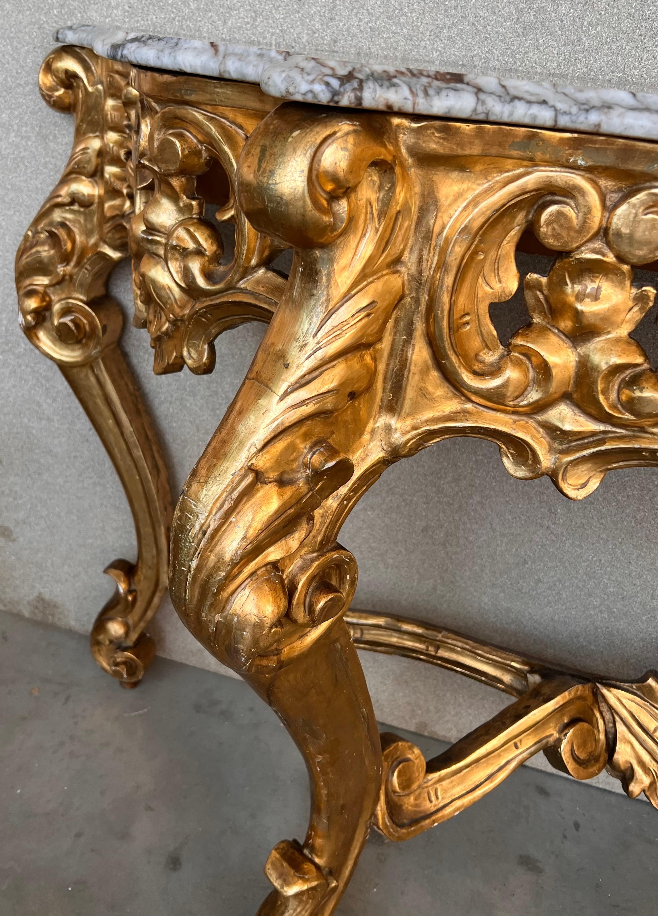 Table console espagnole 19ème baroque en ormeau sculpté et doré et marbre en vente 3