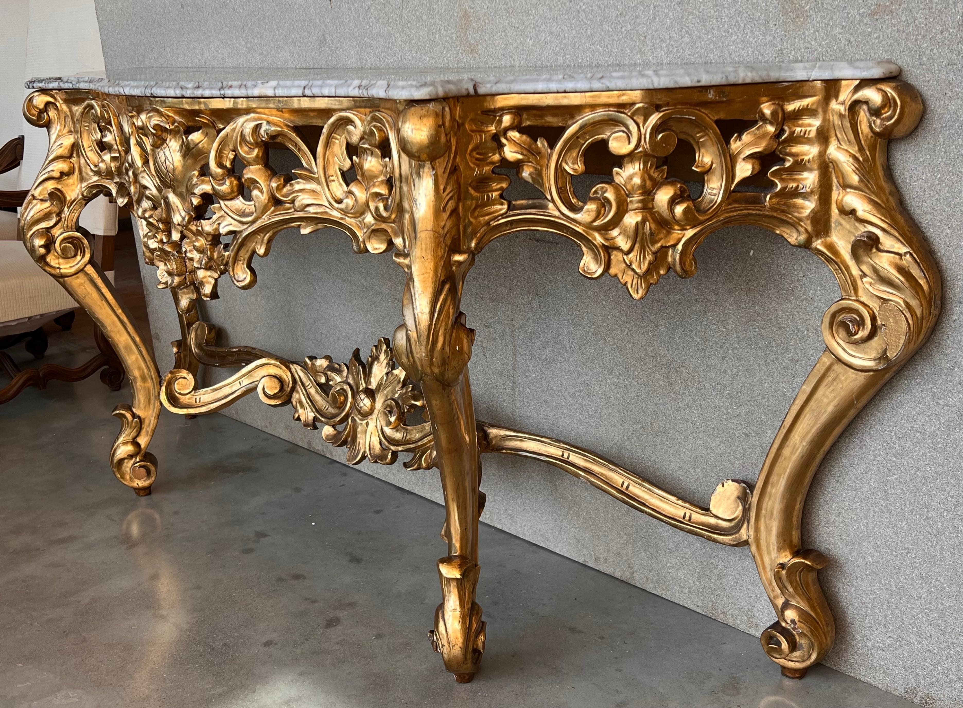 Baroque Revival Spanish 19th Baroque Carved & Gilted Walnut Ormolu and Marble Console Table For Sale
