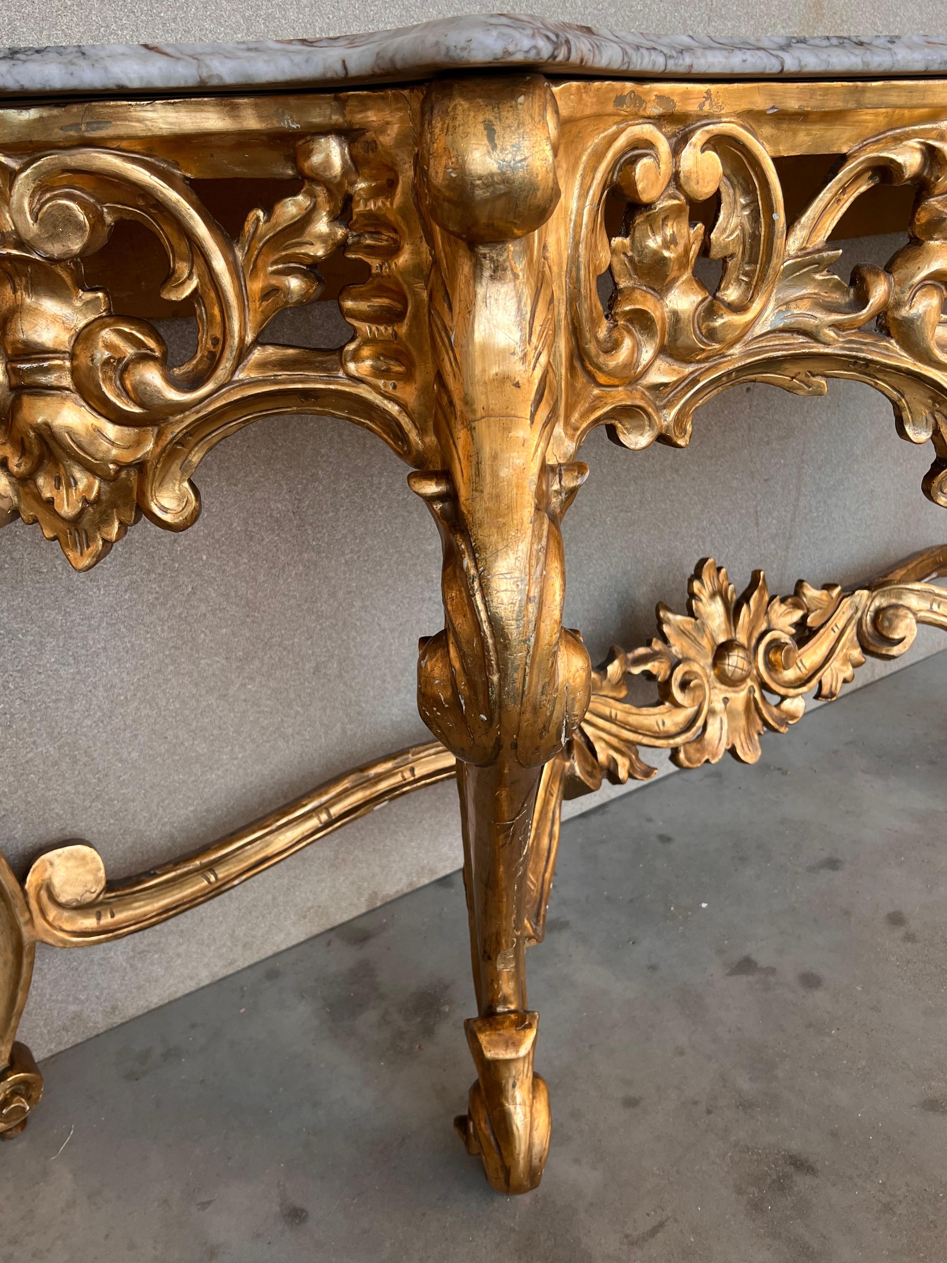 20th Century Spanish 19th Baroque Carved & Gilted Walnut Ormolu and Marble Console Table For Sale