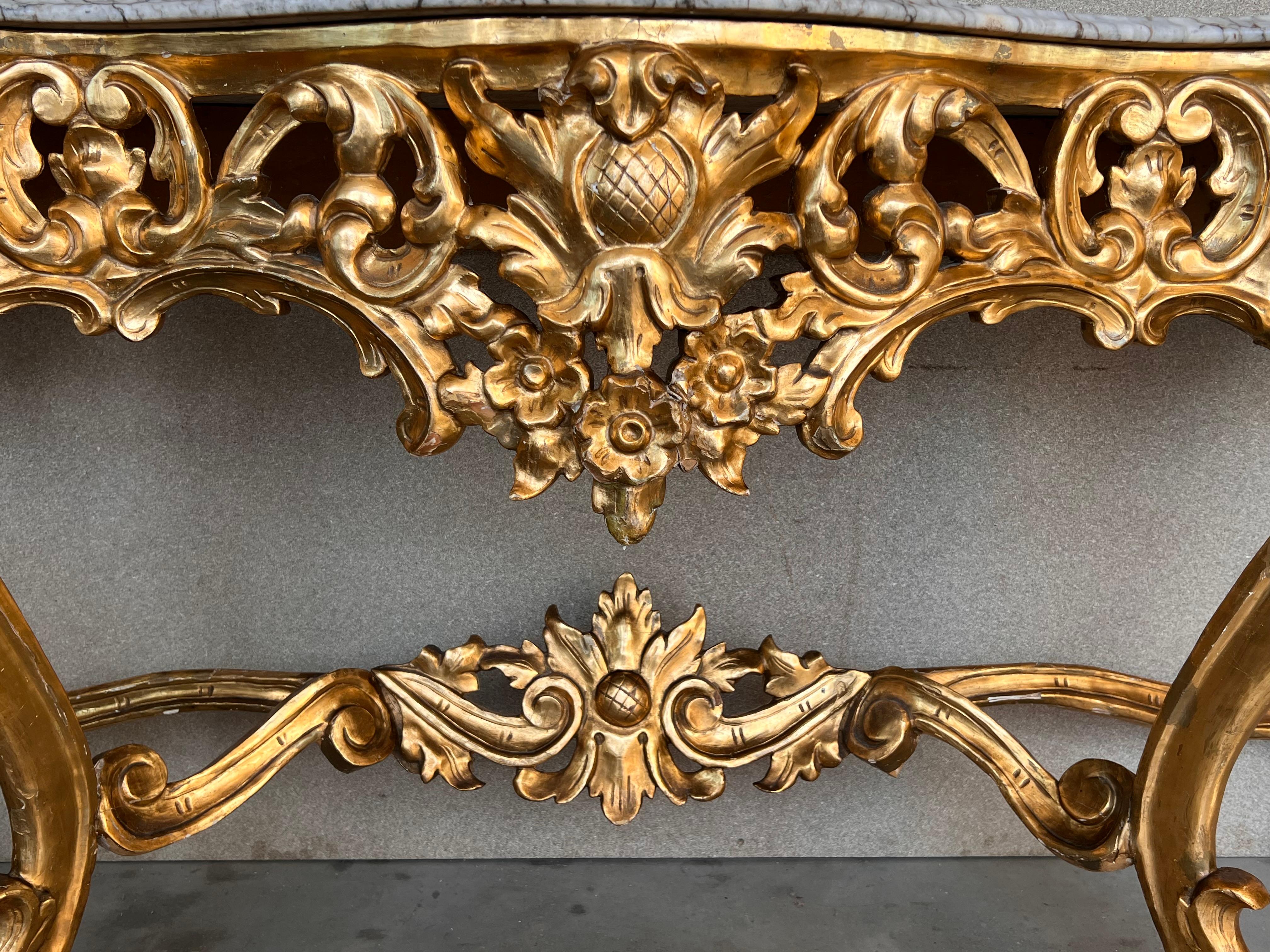 Table console espagnole 19ème baroque en ormeau sculpté et doré et marbre en vente 1
