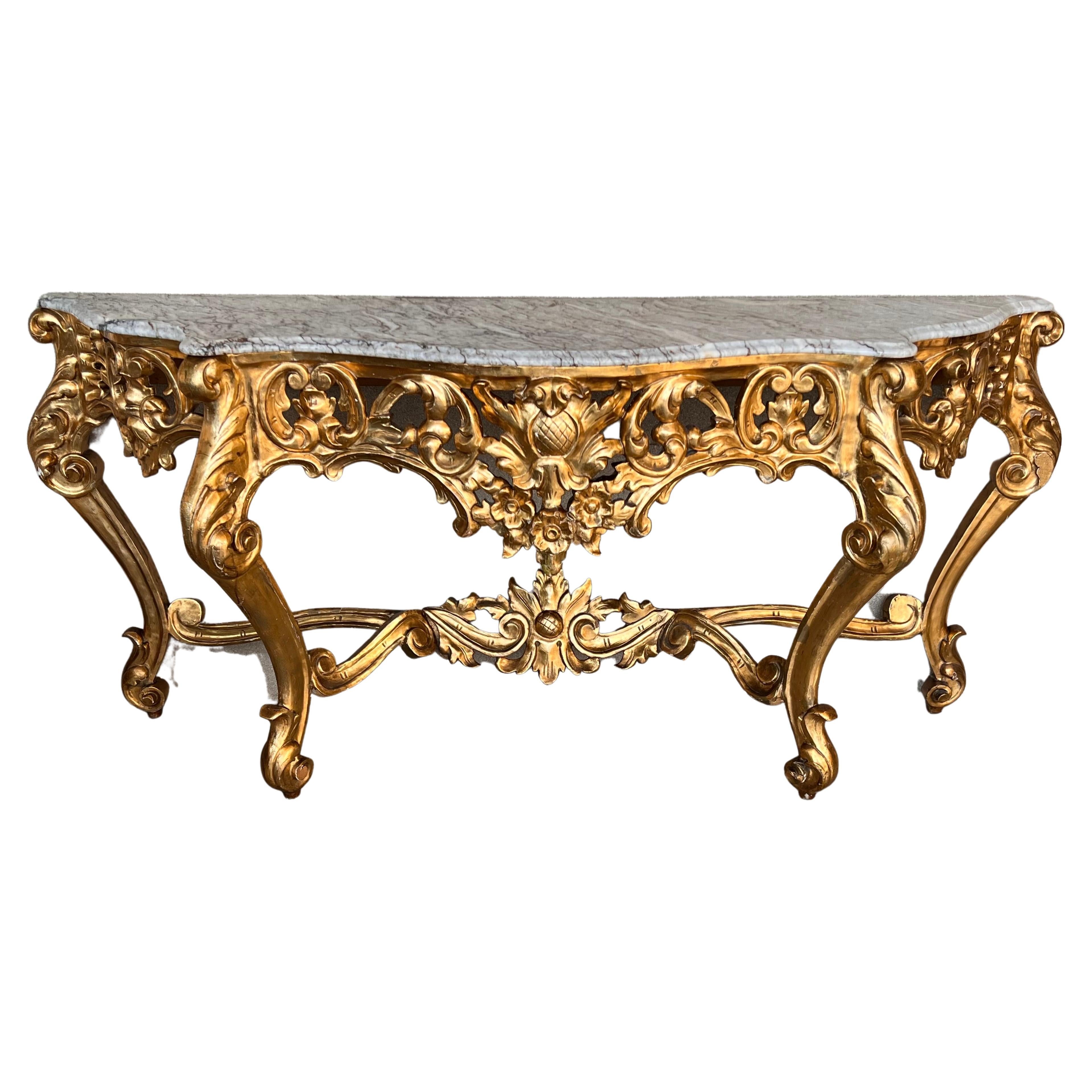Table console espagnole 19ème baroque en ormeau sculpté et doré et marbre en vente