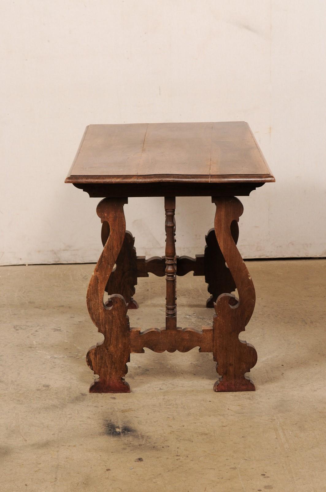 Walnut Spanish 19th C. Desk or Console Table with Beautiful Lyre-Carved Legs For Sale