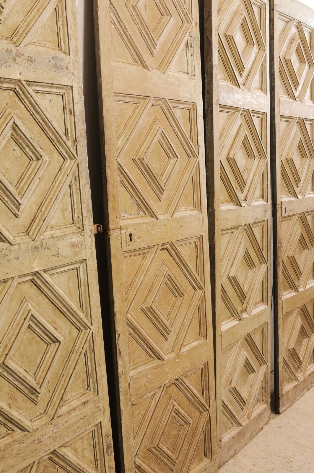 Spanish 19th C. Raised Diamond Carved Panel Doors, a Set of 2 Pair For Sale 1