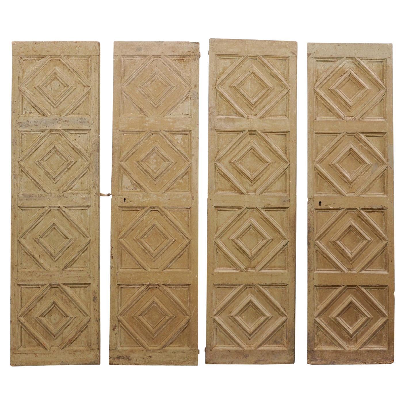 Spanish 19th C. Raised Diamond Carved Panel Doors, a Set of 2 Pair
