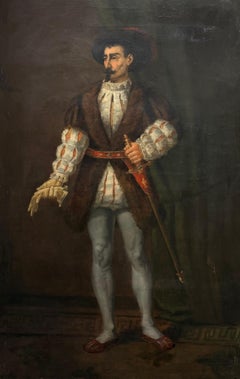 Huge 19thc. Oil Full Length Portrait Renaissance Gentleman Sword Historical Work