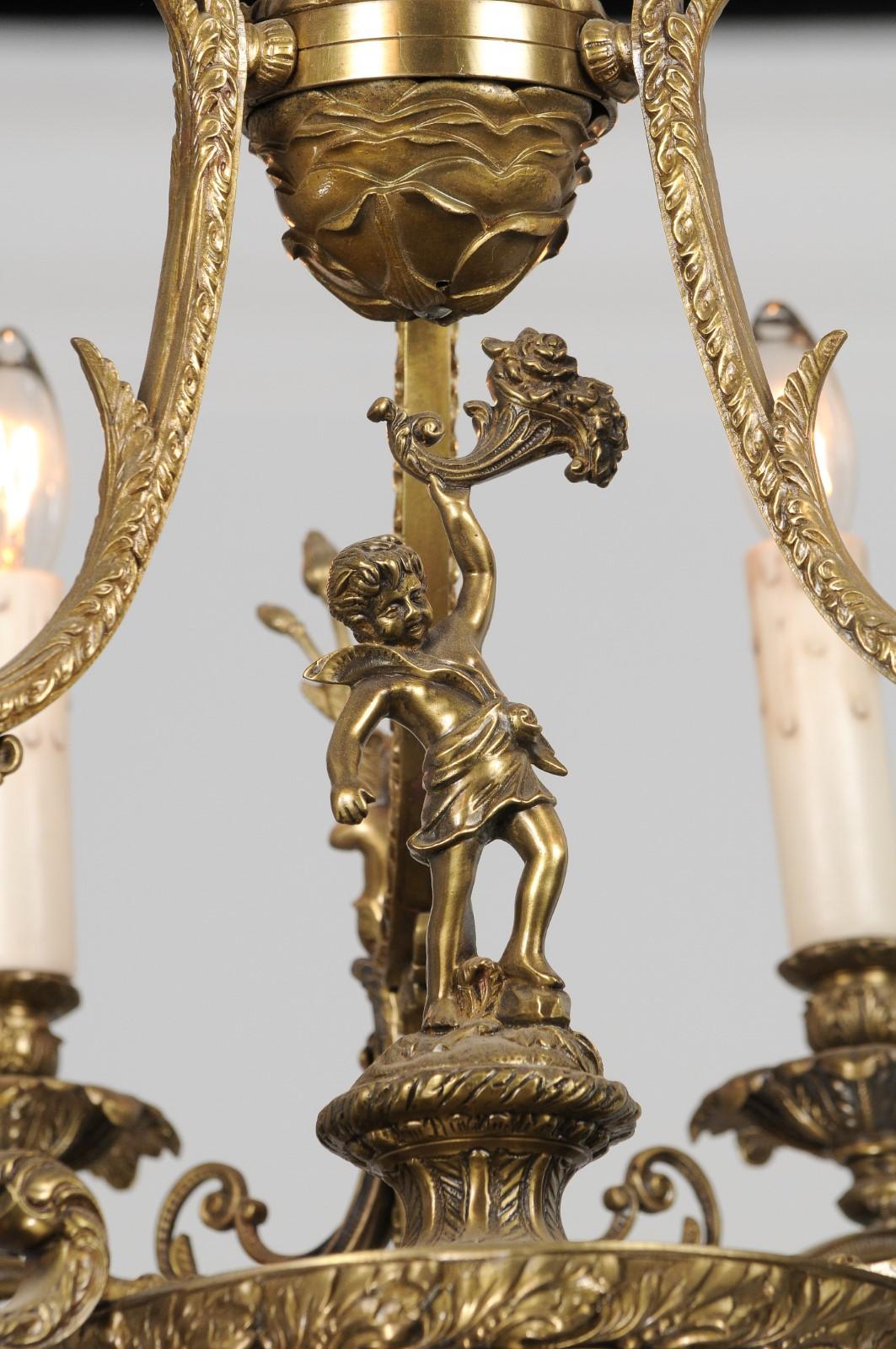 Spanish 19th Century Bronze Six-Light Chandelier with Cherubs and Floral Decor For Sale 4
